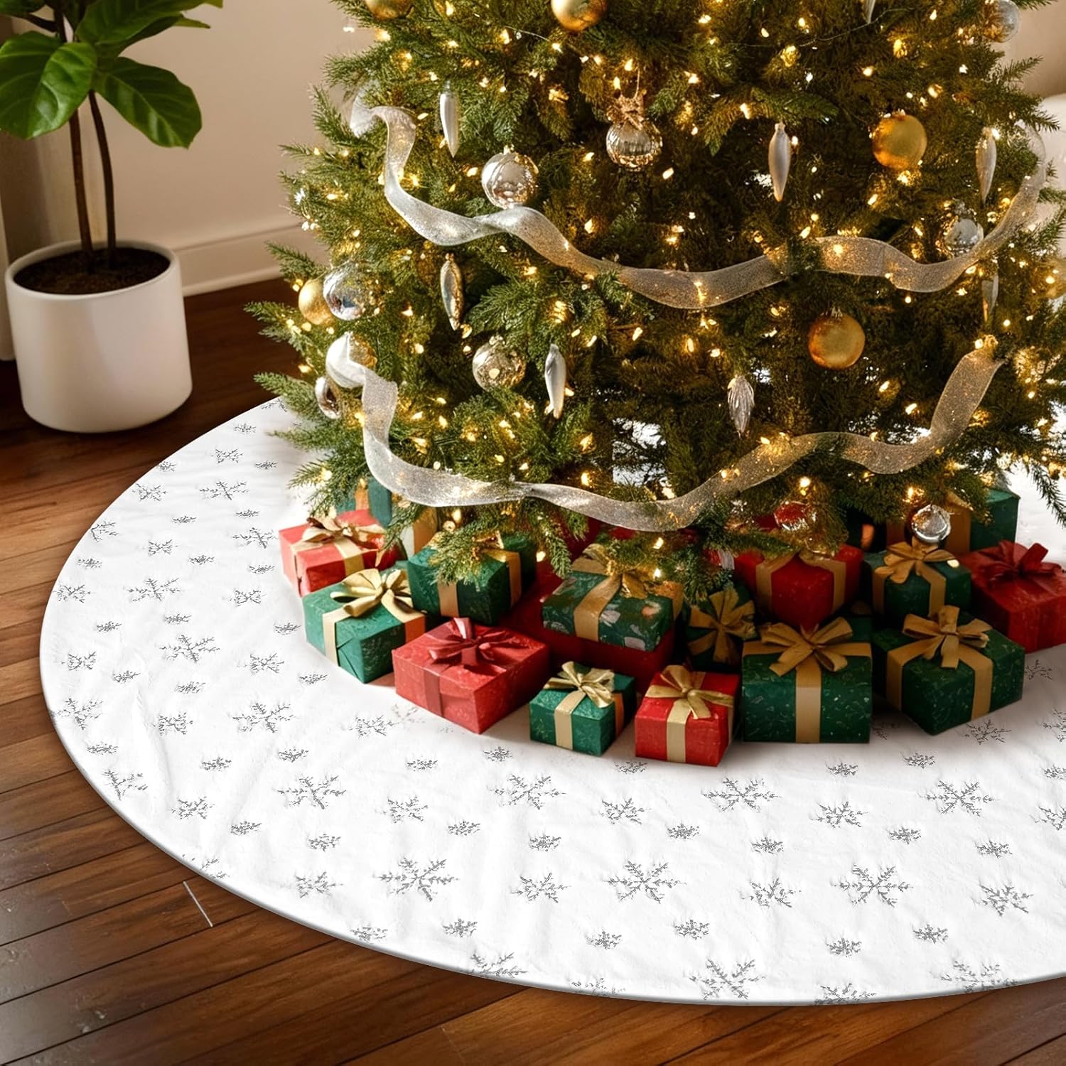 72 Inches Christmas Tree Skirt for Xmas Tree Holiday Party Decorations White Plush Silver Sequin Snowflake