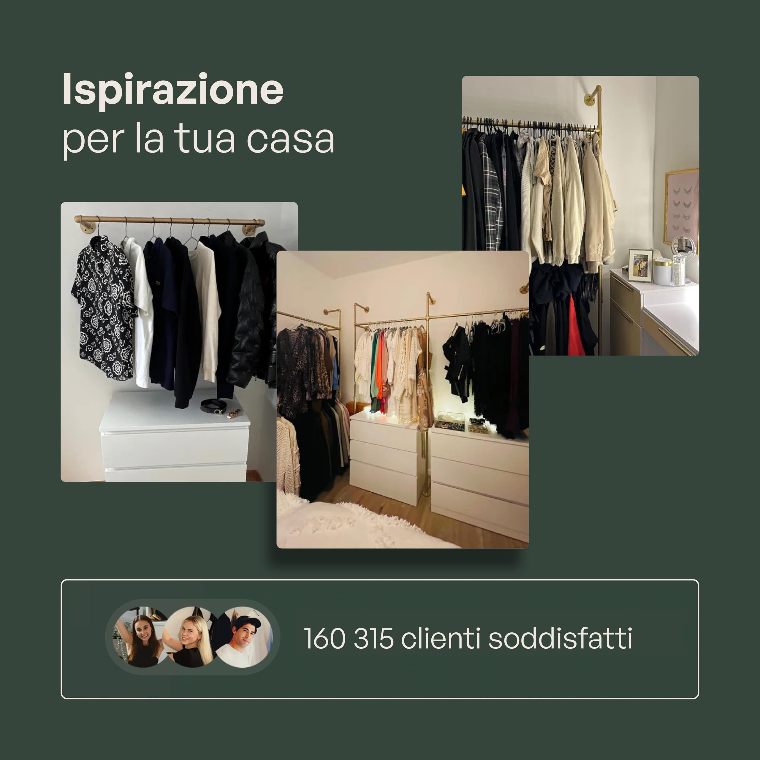 pamo Barra Appendiabiti da Parete in stile industriale – 105x222x32 cm – guardaroba aperto o porta abiti oro con tubi d’acqua per casa e per camera da letto