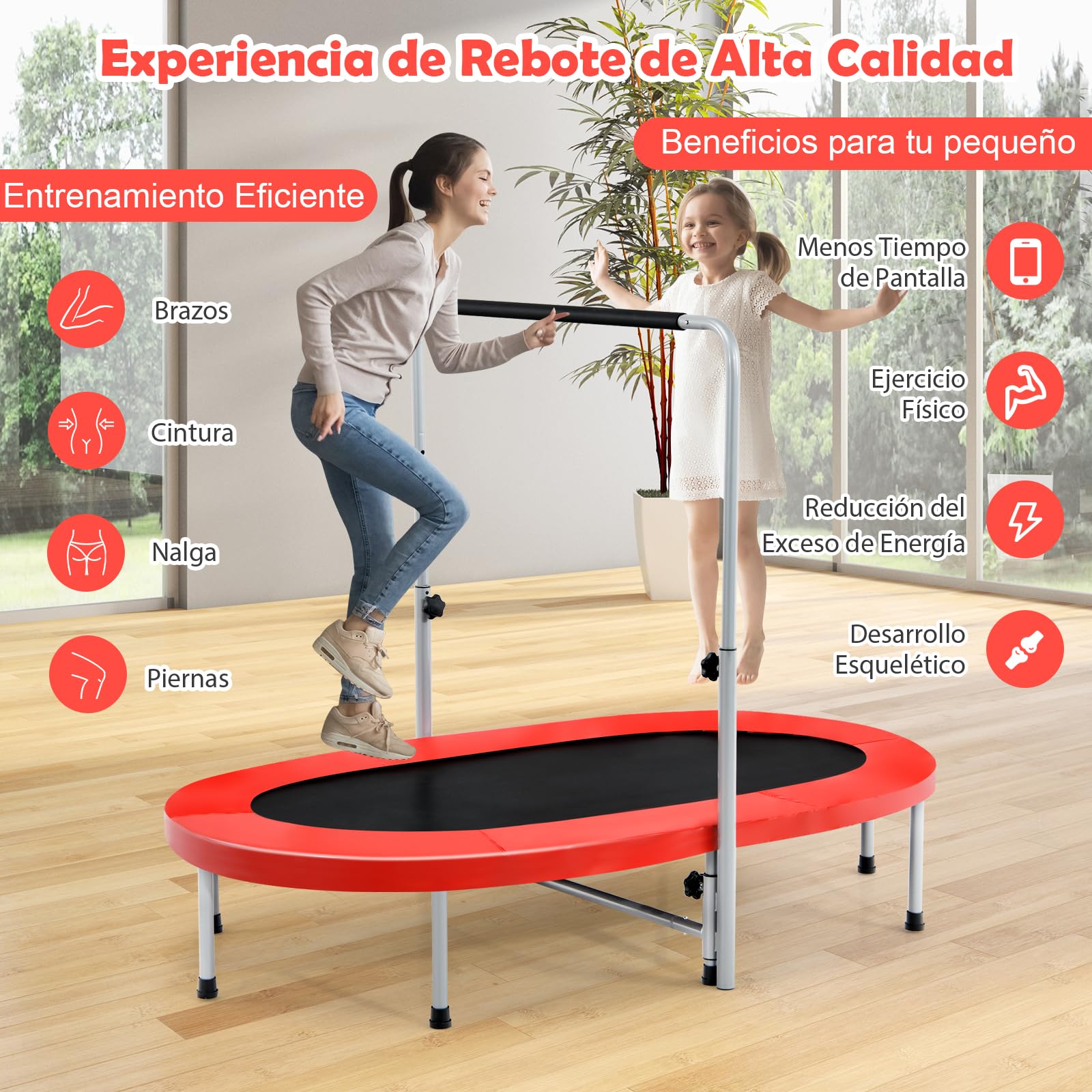 GYMAX Trampolín Plegable para 2 Personas, Trampolín Infantil con Mango Ajustable de 5 Niveles, Cama Elástica para Niños y Adultos, Soporta hasta 150 kg, para Interior y Exterior