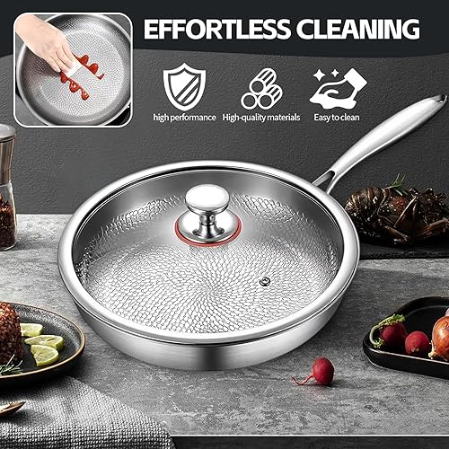 Miniatura 6 de PakaLife Sartén de titanio con martillo y tapa, utensilios de cocina profesionales de titanio y acero inoxidable de 10.23 pulgadas, juego de ollas y