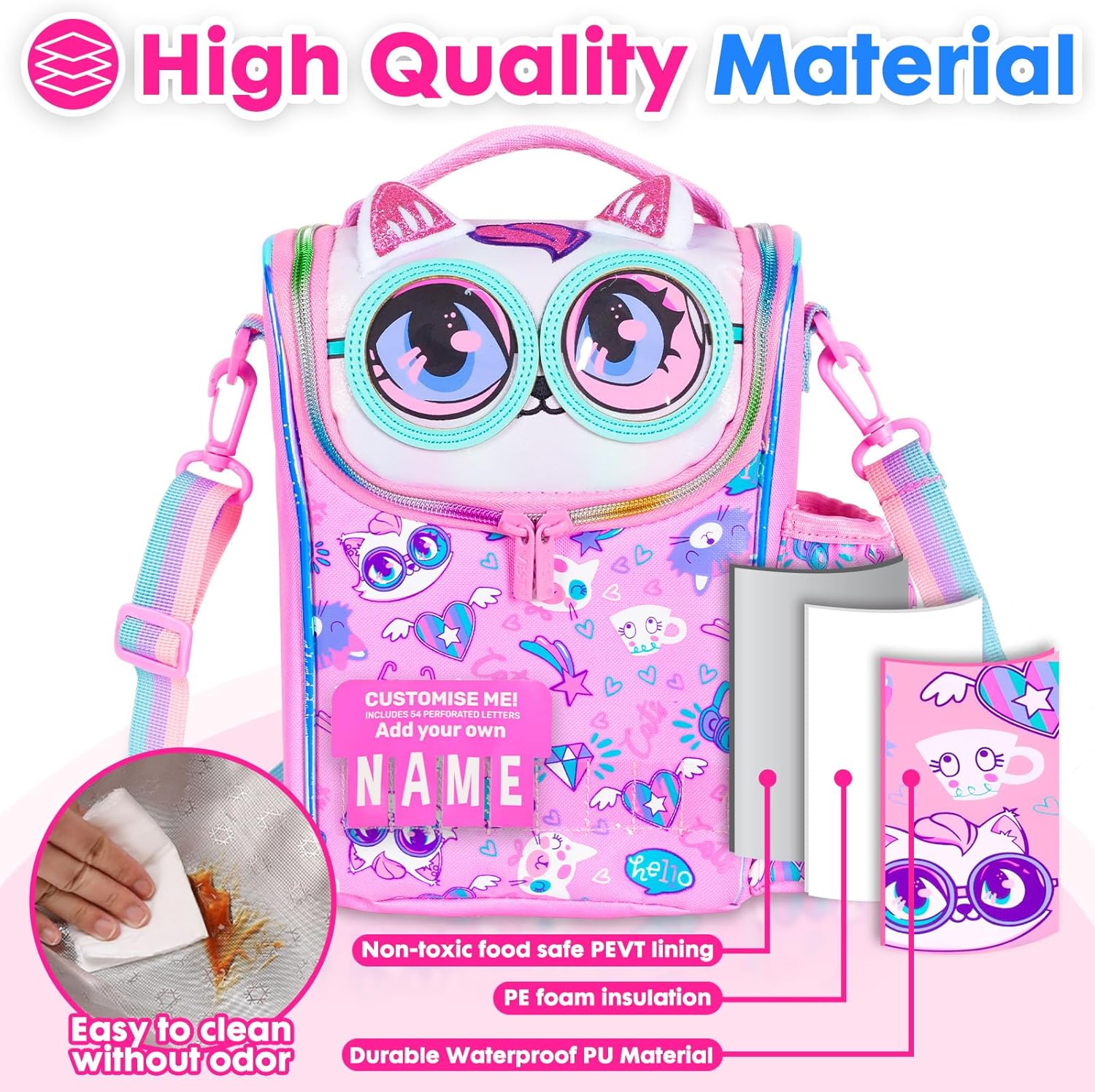 Kids Cooler Insulated Lunch Bag, Back to School Large Meal Tote for Girls, Boys, Men, Women, with Water Bottle Holder and Adjustable Strap, Cat