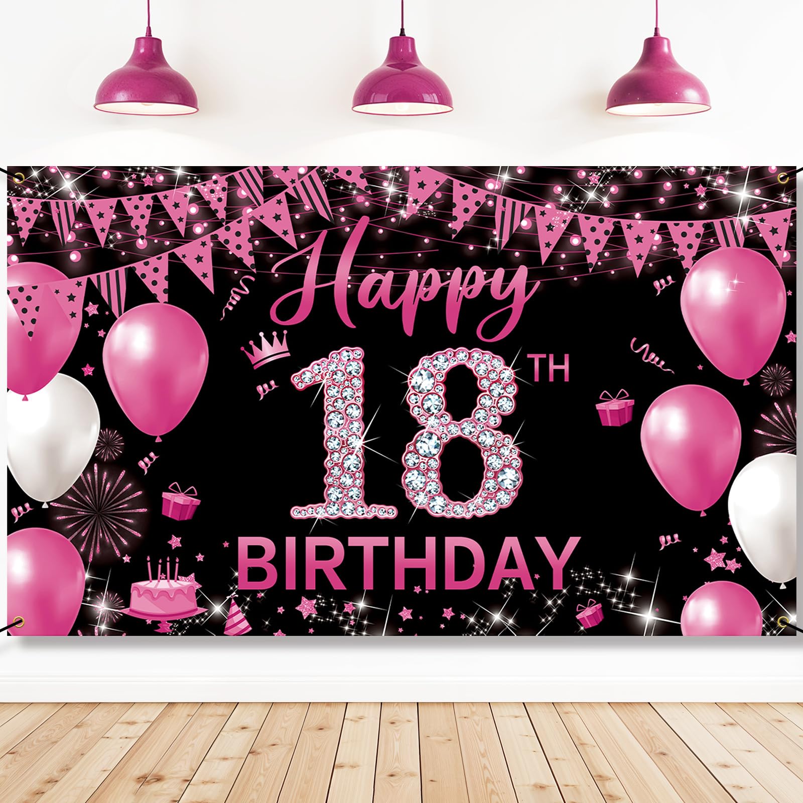 PHXEY 18th Birthday Decoration for Girls Hot Pink, Happy 18th Birthday Backdrop Banner, Fabric 18 Year Old Birthday Party Yard Sign Photo Booth Props