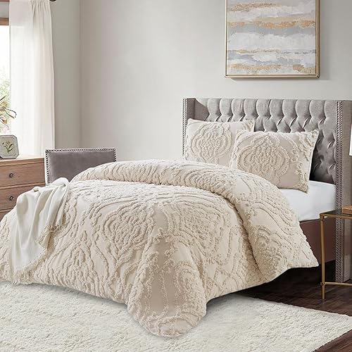 Miniatura 2 de Style Quarters - Juego de funda de edredón tamaño Queen de 3 piezas con textura de algodón sintético copetudo, para todas las estaciones, juegos de