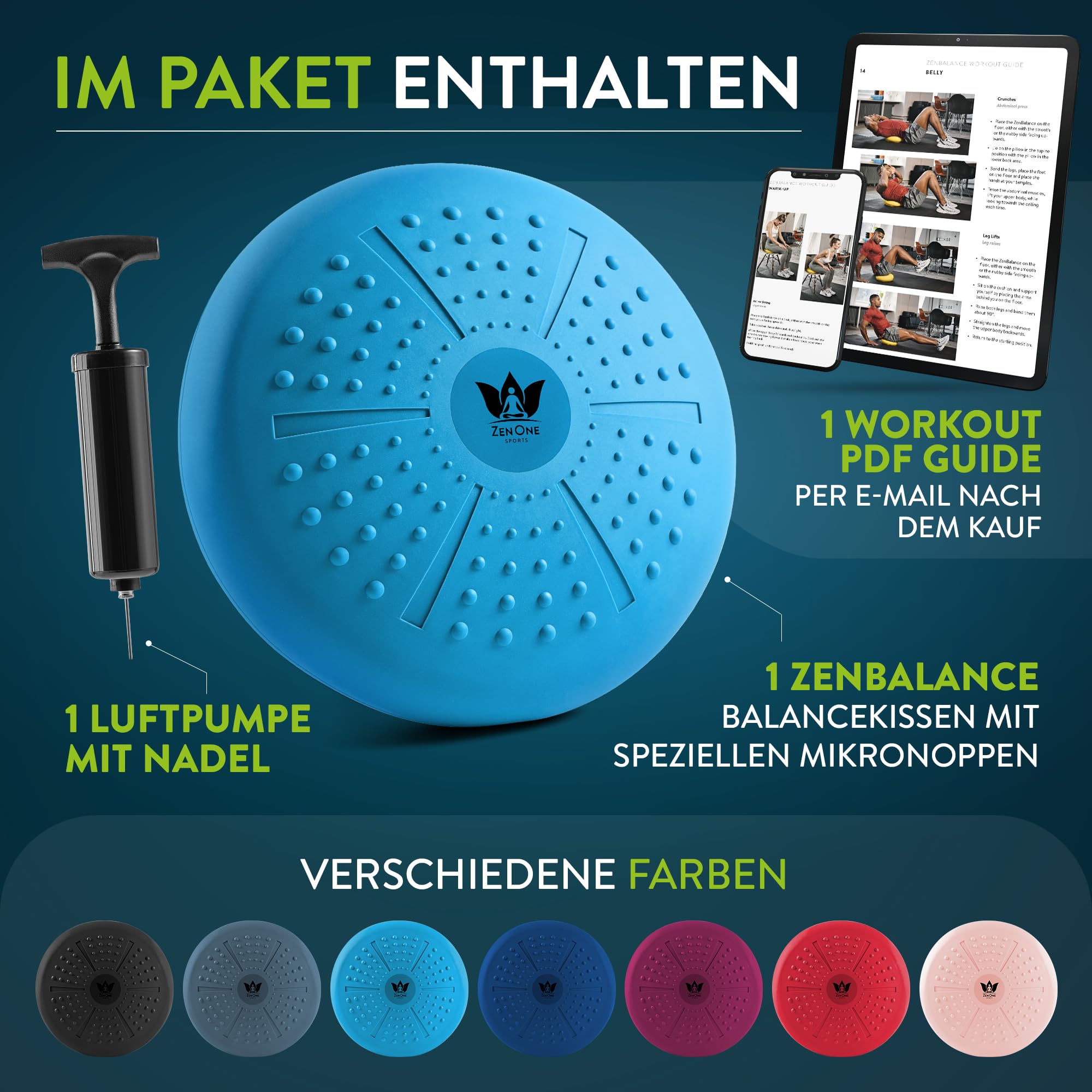 ZenBalance Plus Cuscino Propiocettivo, Cuscino Ortopedico per Riabilitazione, Disco Propiocettivo Gonfiabile per Postura, Balance Board per Sport & Fisioterapia, incl. Pompa, e-Book, 33 cm
