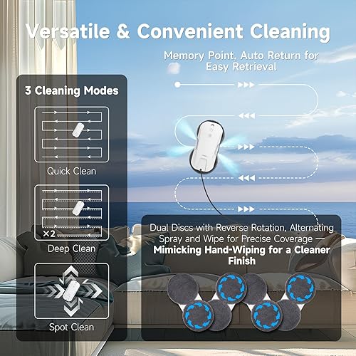 Miniatura 5 de FMART Robot de limpieza de ventanas T11, rociador automático de agua de 4 vías, succión fuerte de 5300 Pa, limpieza de alta velocidad, 60 dB ultra