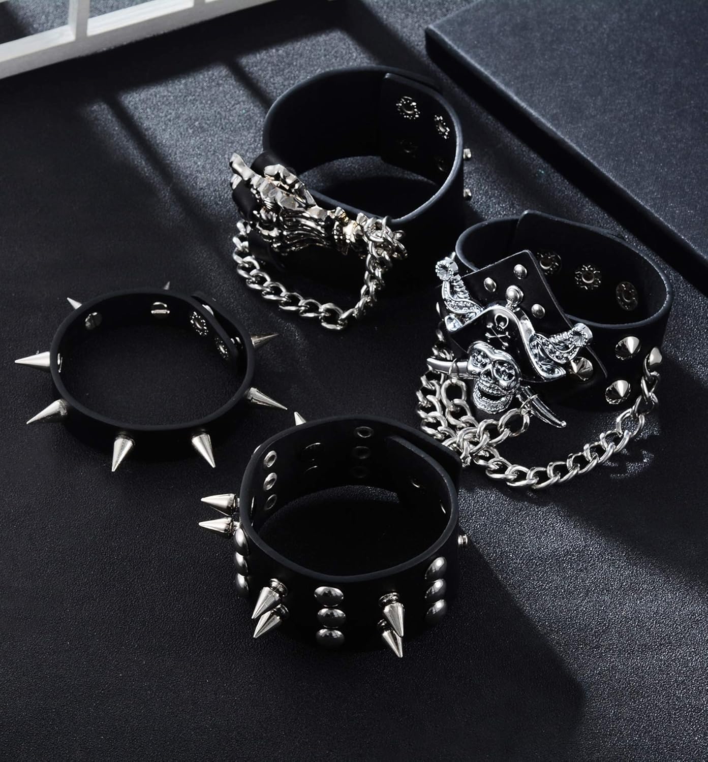 Tornito 4-6Pcs Spike Studded Rivet Skull Demon Black Punk Rock Gothic Biker Wide Strap Leather Bracelet Chain Cuff Bangle Wristband Adjustable for Men Women - Image 4