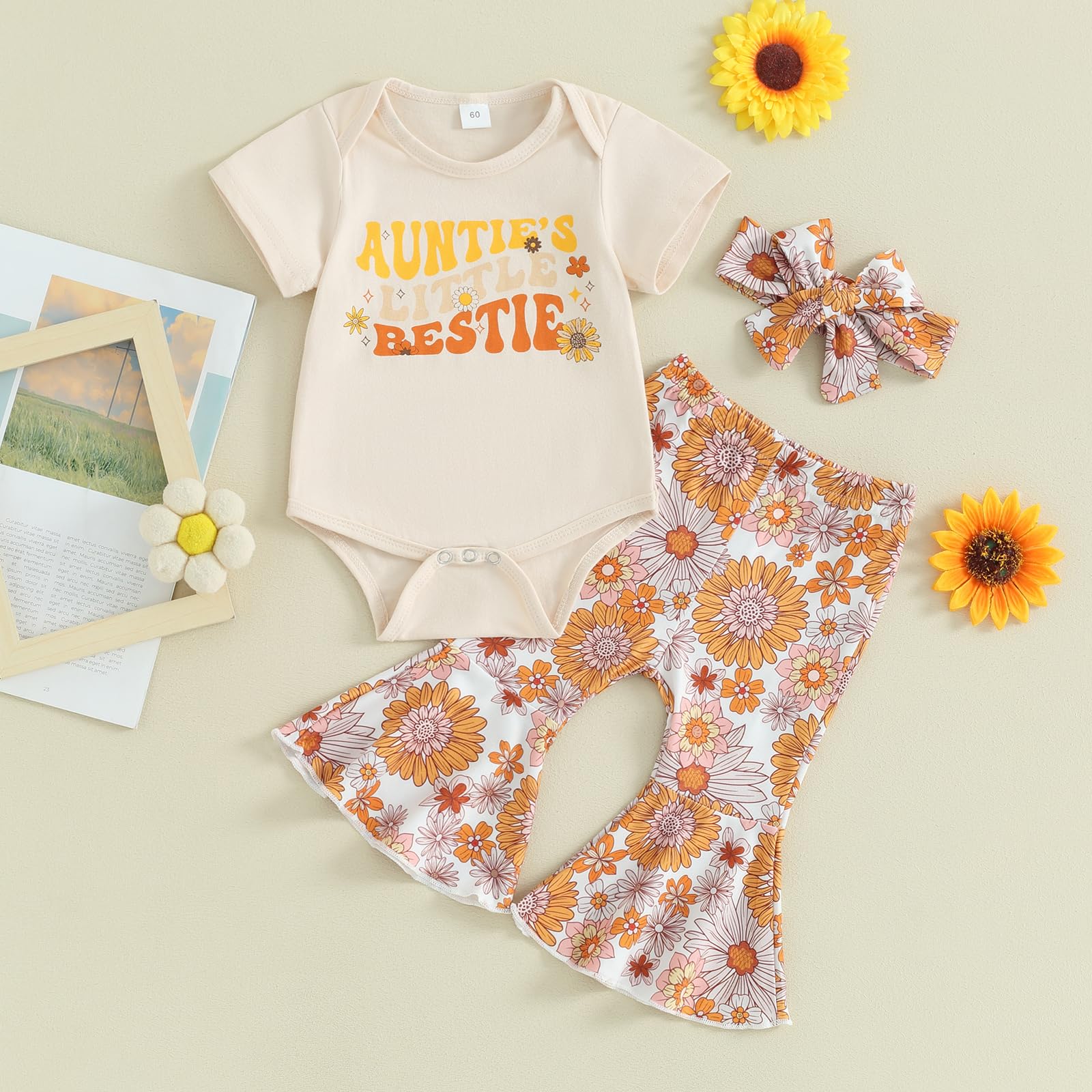Newborn Baby Girl Summer Outfits Auntie's Little Bestie Romper Floral Flared Pants Headband 3Pcs Clothes Set (A-Apricot, 0-3 Months)