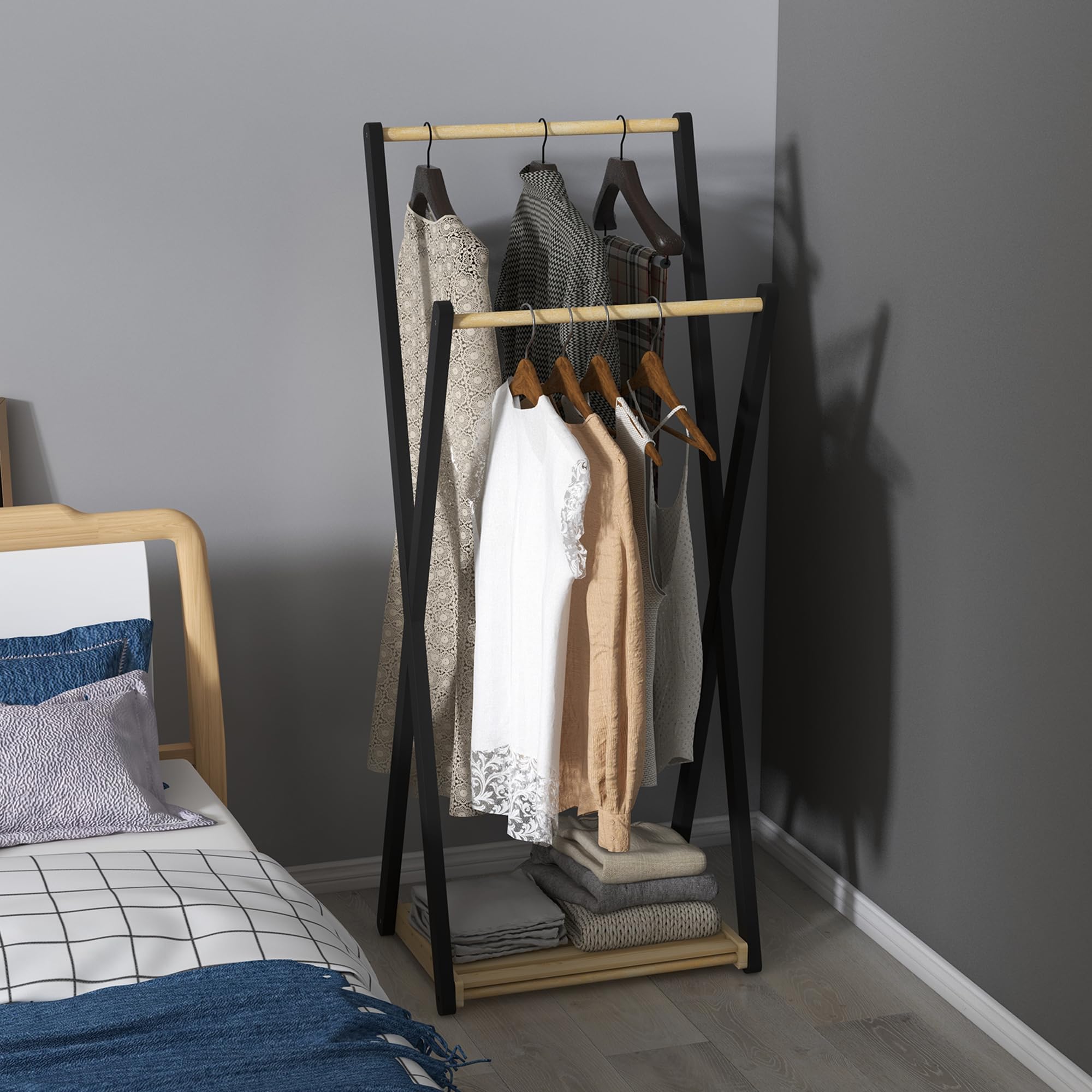 HOMCOM Appendiabiti da Terra in Legno di Pino con 2 Barre, Attaccapanni da Terra Autoportante Moderno con Ripiano Inferiore, 61x45x152cm, Legno Naturale
