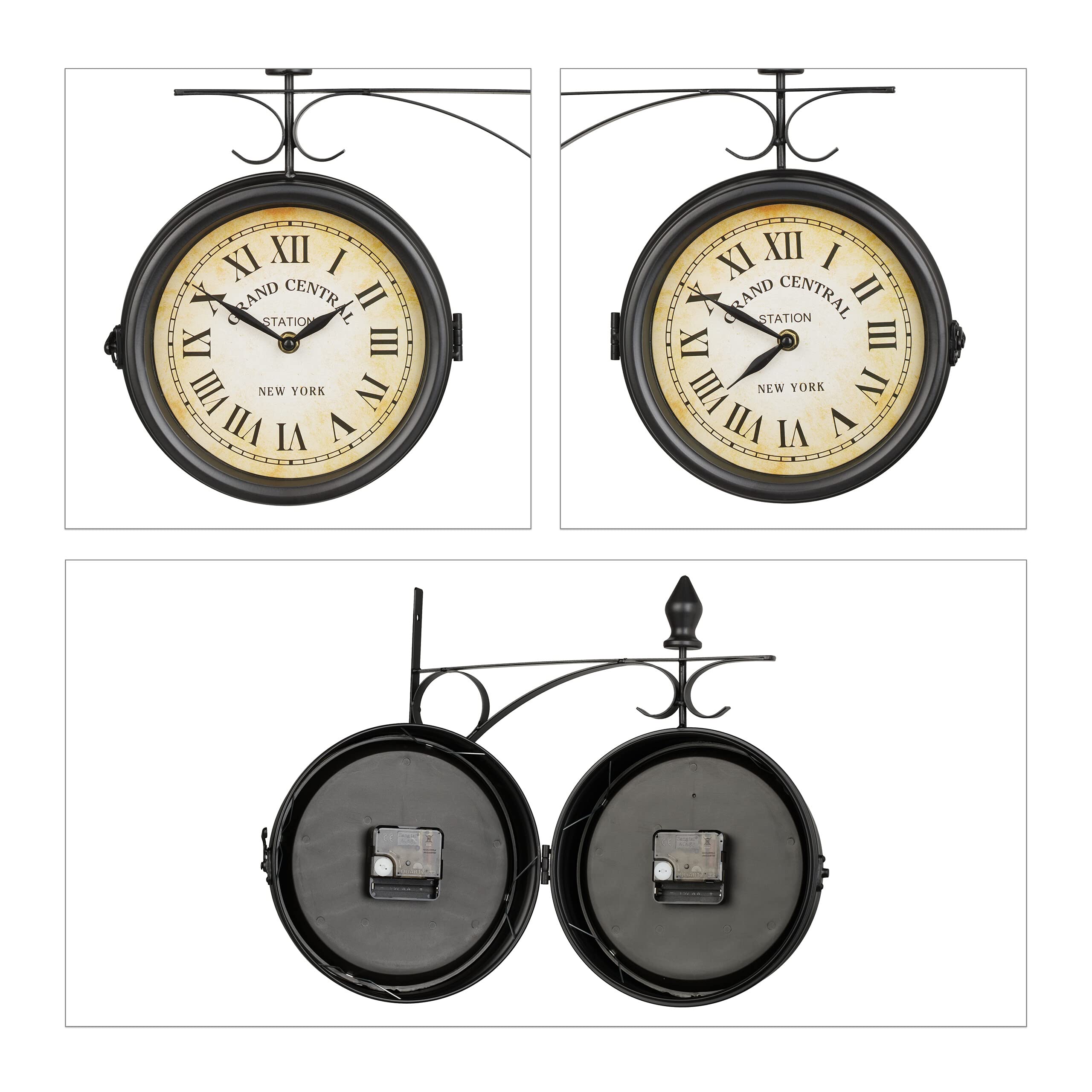 Relaxdays Orologio da Parete Bifacciale, in Stile Stazione Ferroviaria, a Batterie, Vintage, 33 x 34 x 10 cm, Nero