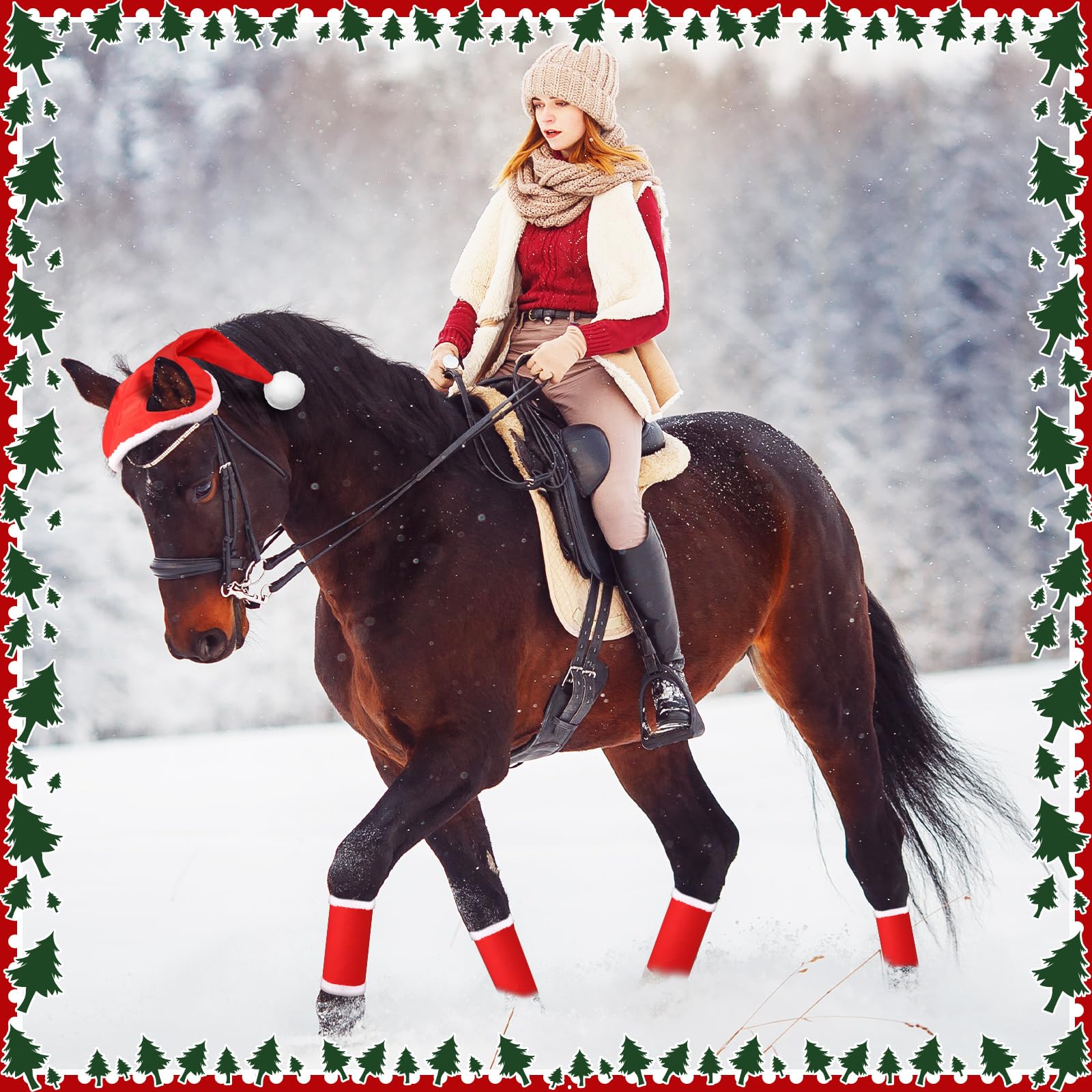 6 Pezzi di Fasce per Le Gambe di Babbo Natale per Cavallo con Bordo in Pelliccia Sintetica, Cappello di Natale, Sottosella di Babbo Natale per Accessori per Costumi di Natale per Cavallo