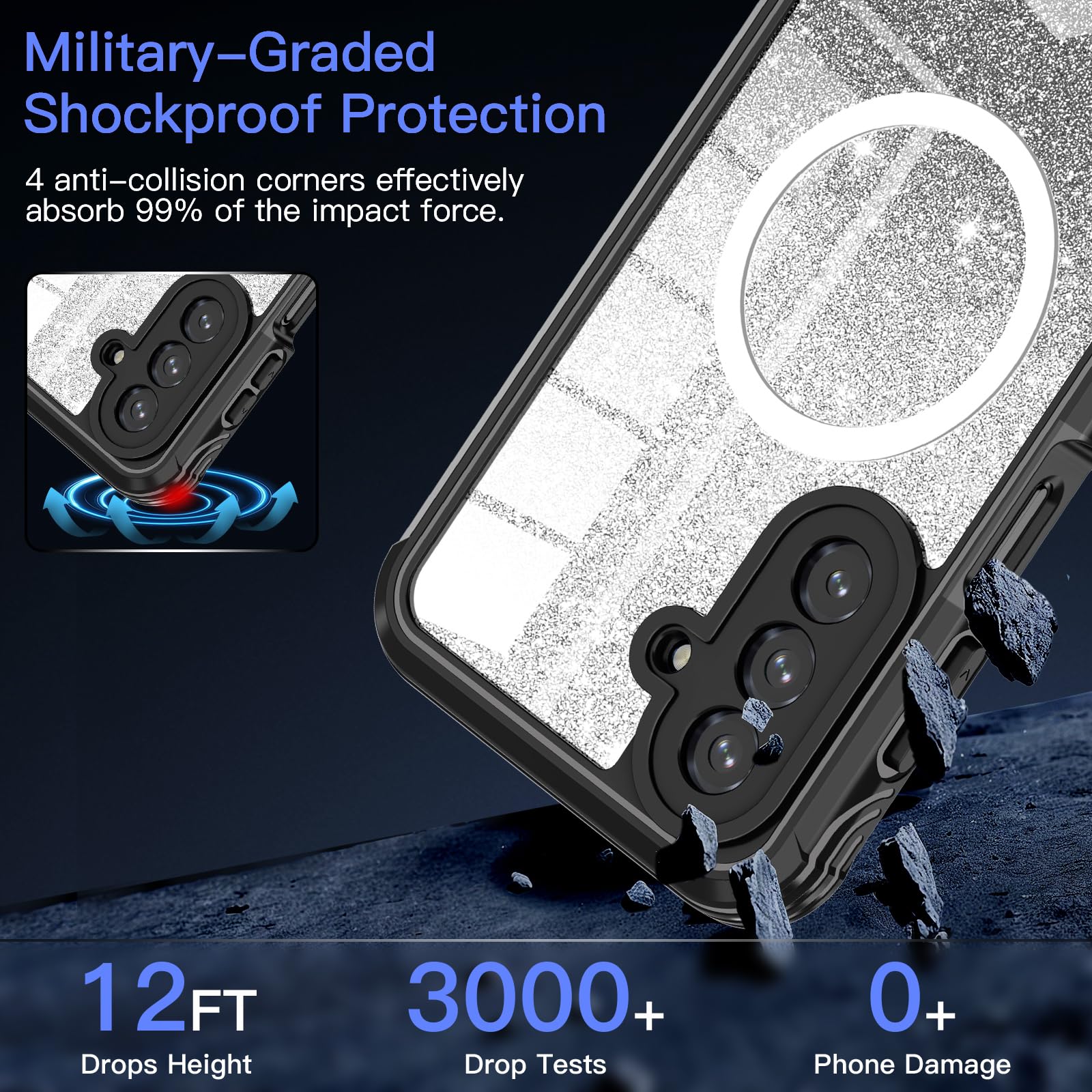 Funda para Galaxy A17 5G, compatible con MagSafe, funda magnética con purpurina integrada con protector de pantalla de vidrio templado 9H, funda protectora a prueba de golpes para Samsung