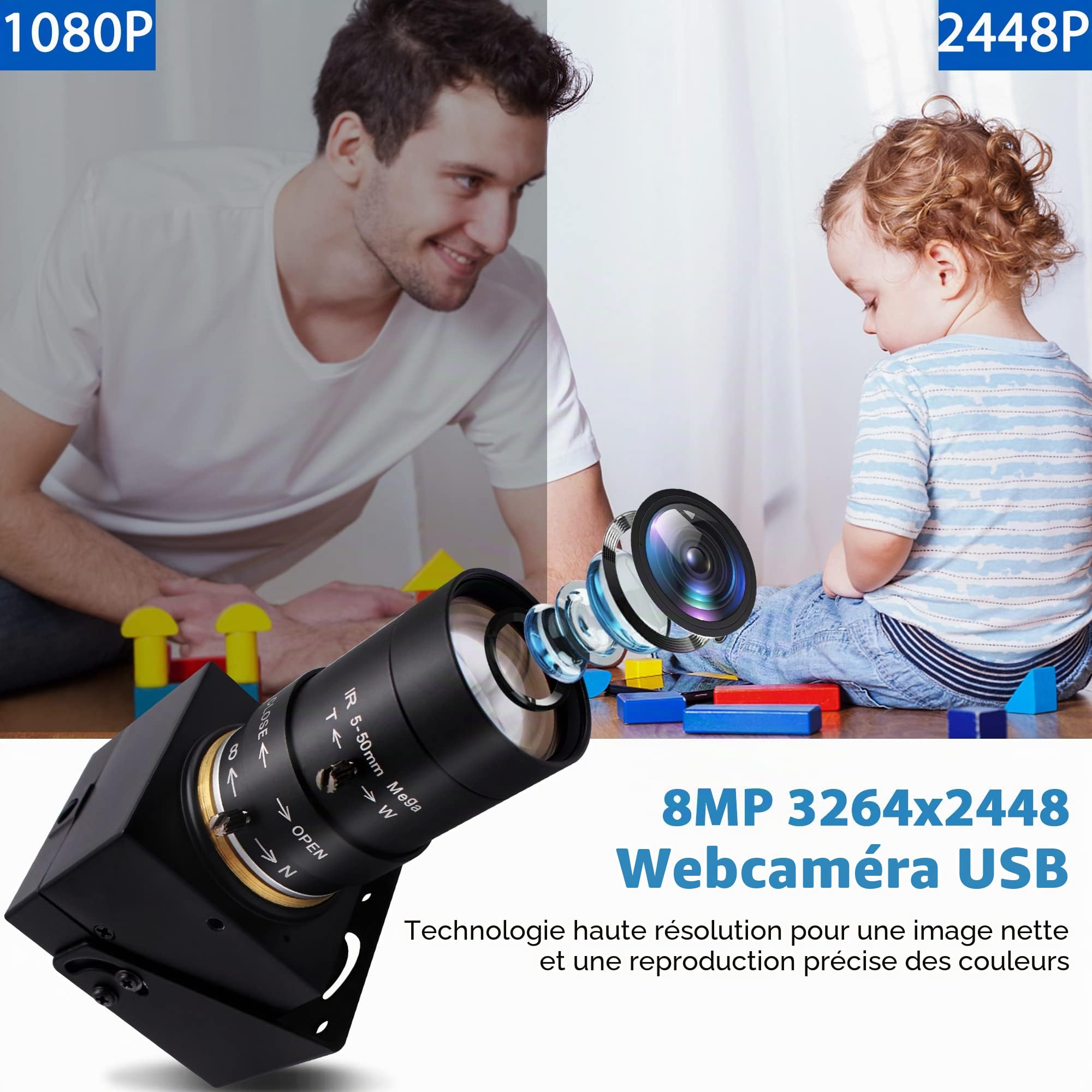 Svpro Webcam USB 8 MP avec mise au point variable 5-50 mm CS Mount Objectif 10X Zoom in et Out Caméra externe pour ordinateur portable, PC, caméra UVC Plug and Play 2448P