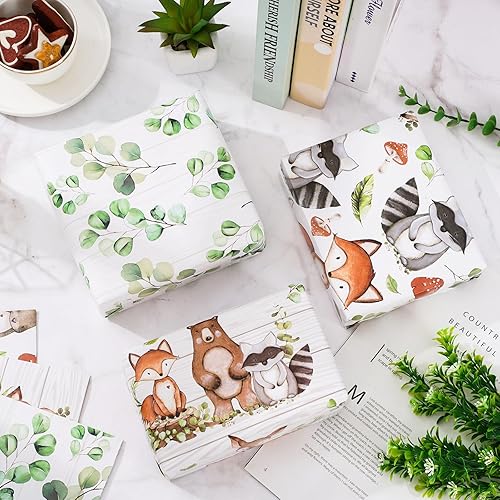 Miniatura 5 de AnyDesign 12 piezas de papel de regalo de animales del bosque, papel de regalo de eucalipto de animales del bosque, papel de arte plegado plano para
