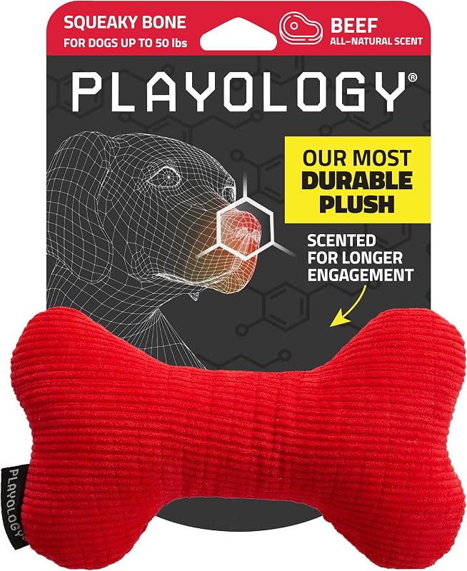 Durable Plush Bone Toy - Crinkle Bone - Medium, Beef Scent | Tough Corduroy Shell, Felt Reinforced Core, Crinkle Sound & Squeaker, Medium and Large Dogs
