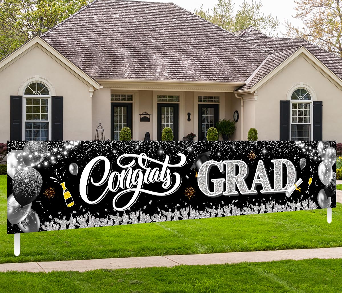 Photo 1 of 2026 Graduation Decorations-Black and Silver Congrats Grad Yard Sign Banner Decoration for Class of 2026 Graduation Party Supplies