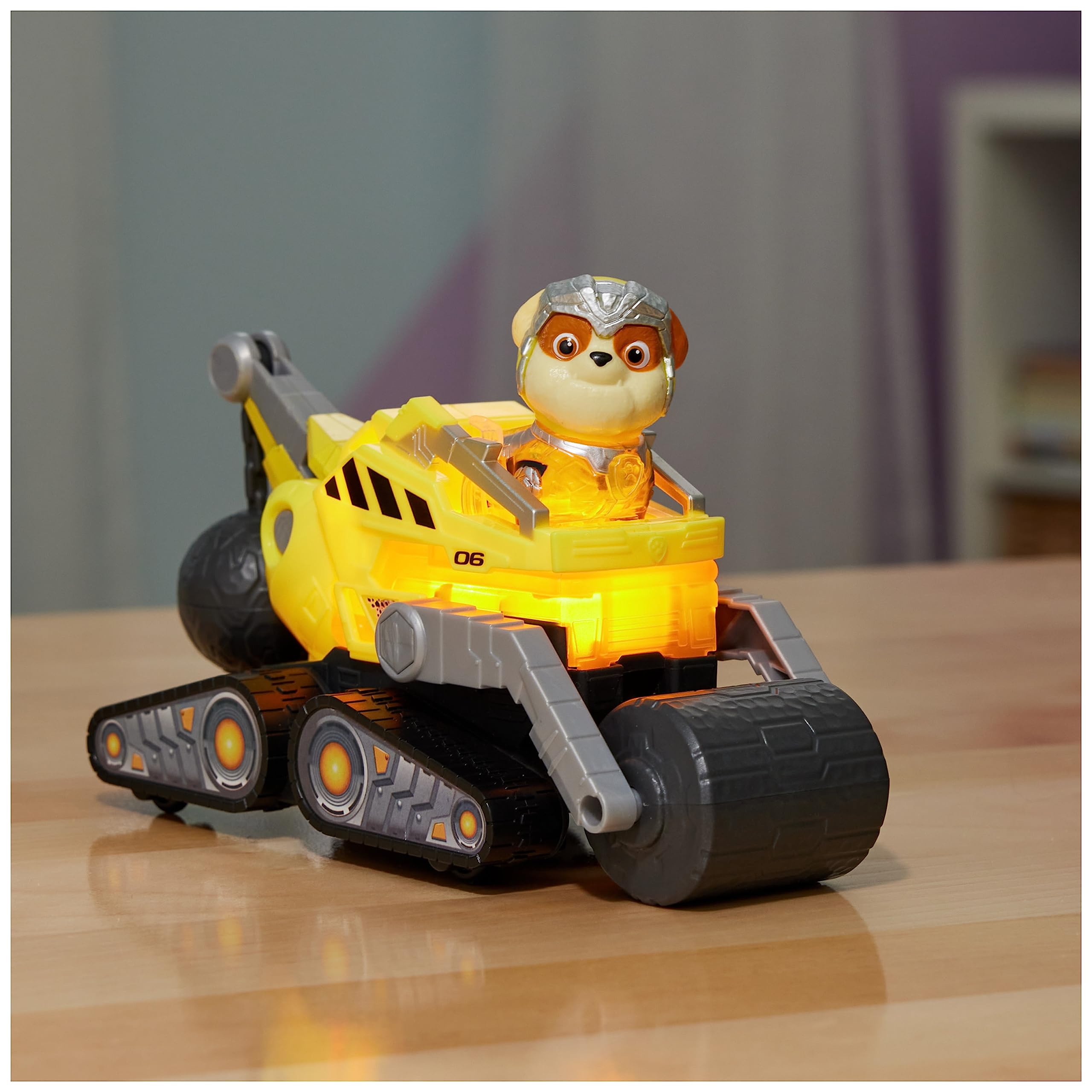 Paw Patrol Mighty Pups Samochodzik, Wielokolorowy, Od 3 lat | The Super Patrol Le Film Interactive Vehicle - wymienna figurka Rubena - Baterie - Oficjalna zabawka Pat Patrol - od 3 lat