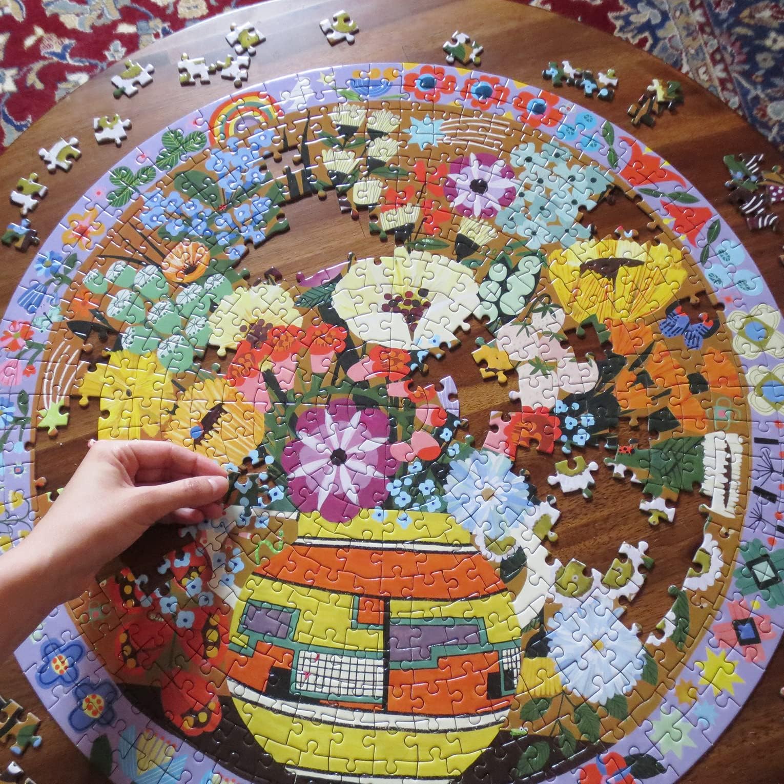 eeBoo: Piece and Love Purple Bird and Flowers 500 Piece Round Jigsaw Puzzle, Sturdy Puzzle Pieces, A Cooperative Activity with Friends and Family