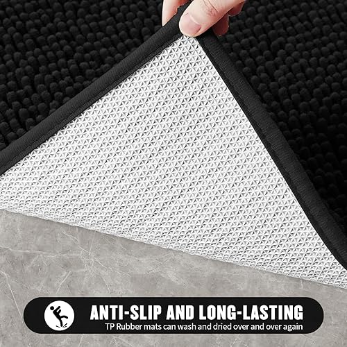 Miniatura 6 de MitoVilla Juego de 2 alfombras de baño negras de 17 x 24 pulgadas + 20 x 32 pulgadas, antideslizantes, extra suaves, absorbentes, de secado rápido,