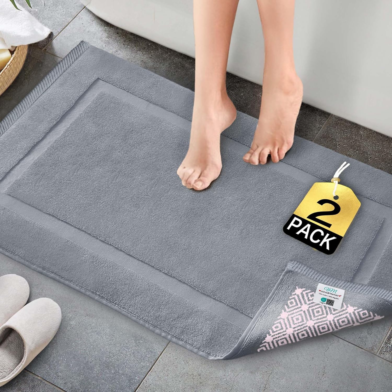 VOOVA & MOVAS Gray Cotton Non Slip Bath Mats Set of 2 Bathroom Rugs - Absorbent & Machine Washable, Hotel-Grade Quality, Thick 1000gsm, Large 22"x34", Quick-Dry, Fade-Resistant Colors