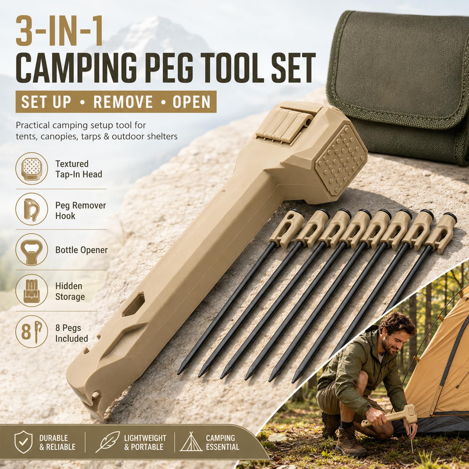 Camping Hammer With 8 Pegs, Tent Stake Driver With Peg Puller, Heavy Duty Tent Mallet, With Anti-Loss Storage Compartment, Includes 8 Steel Stakes, For Outdoor Hiking Camping Backpacking (Khaki)
