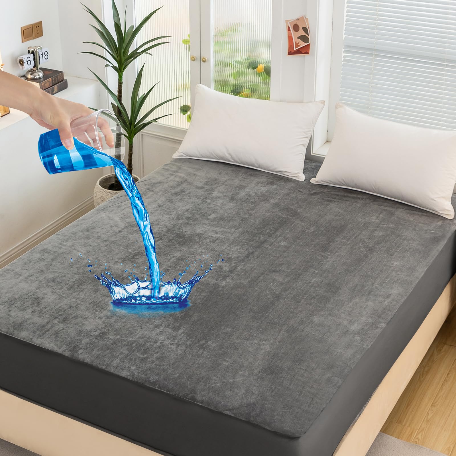 Velvet Full Fitted Sheet Waterproof,Noiseless Fitted Sheet Soft Plush Fleece Bed Sheet with Deep Pocket 18" Full Mattress Protector for Kids Bed Cover Machine Wash(Gray,Full)