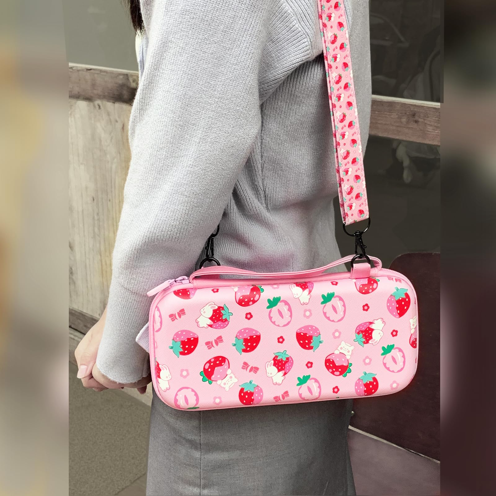 TIKOdirect Étui de transport pour Switch, joli sac portable pour accessoires avec étui de protection souple, protecteurs d'écran et capuchons pour les pouces, étui pour cartes de jeu 7 en 1, rose