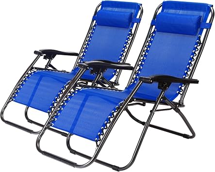2-Pack Zero Gravity Outdoor Lounge Chairs Blue Patio Adjustable Folding Reclining Chairs with Removable Pillow Blue