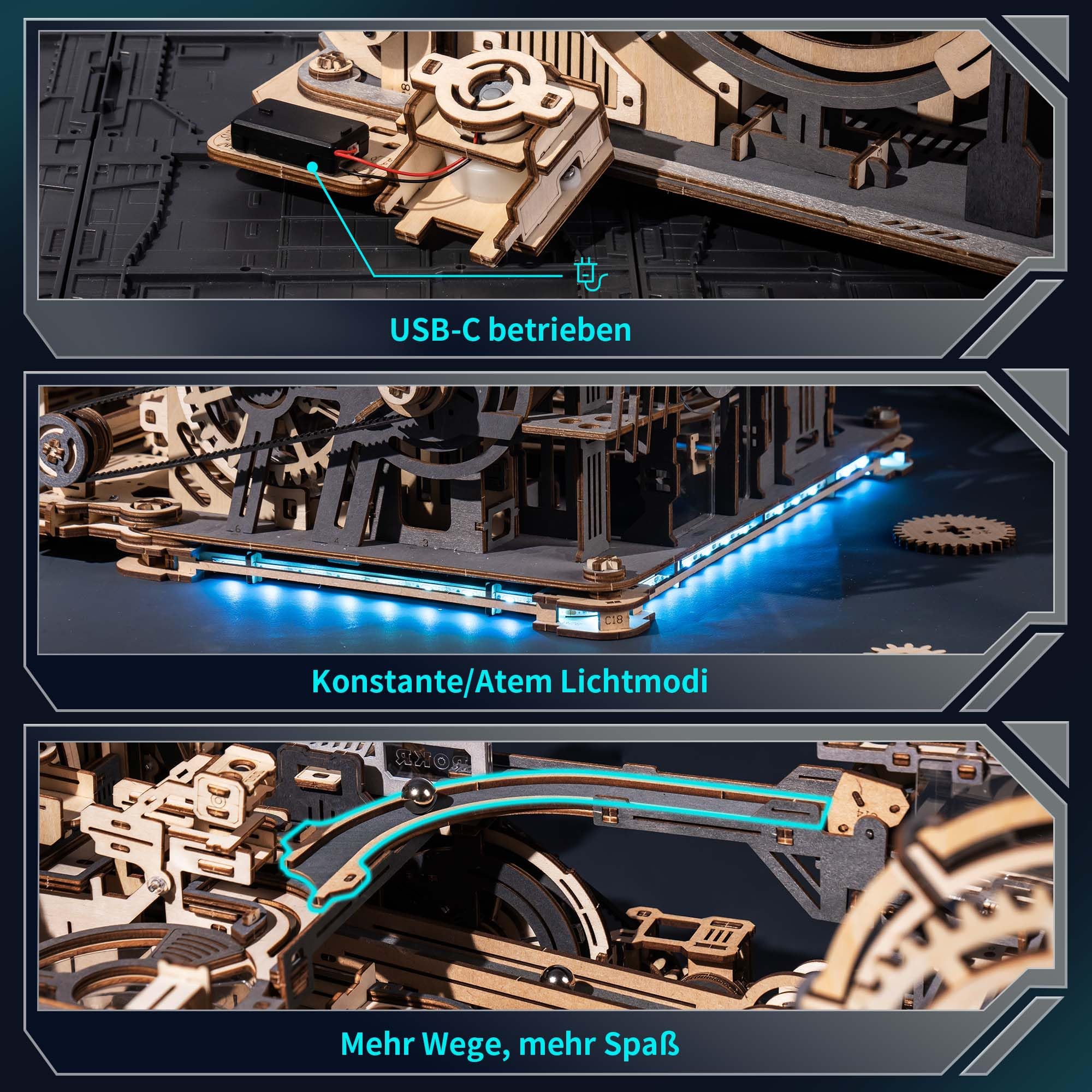 ROBOTIME LGX02 3-in-1 Holz-Murmelbahn für Erwachsene, Night City & Spaceport