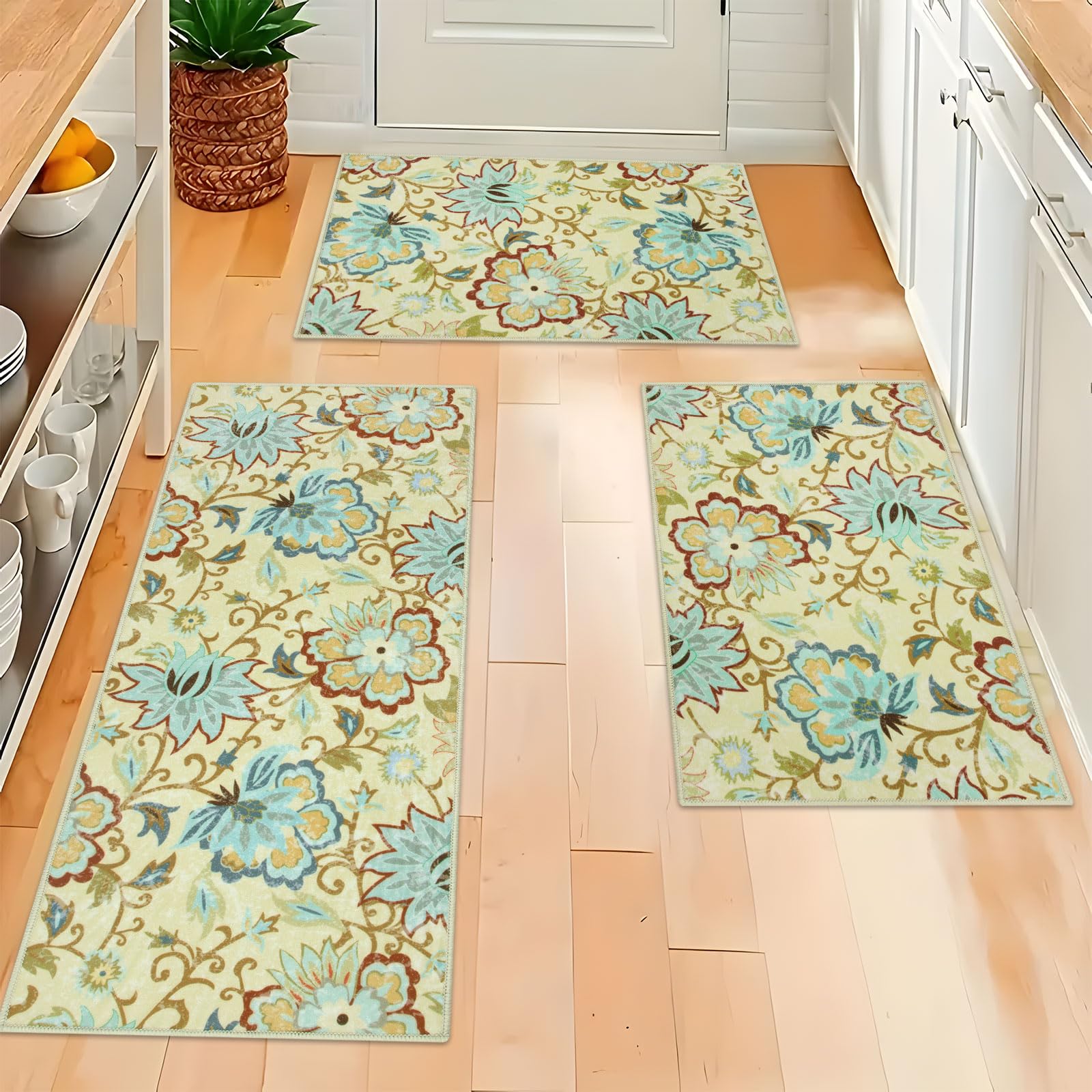 Homcomoda Kitchen Mats 3 Piece Set Boho Kitchen Rugs Set of 3 Non Slip Washable Floral Kitchen Mats for Floor 3 Piece Kitchen Carpet Runner for Sink