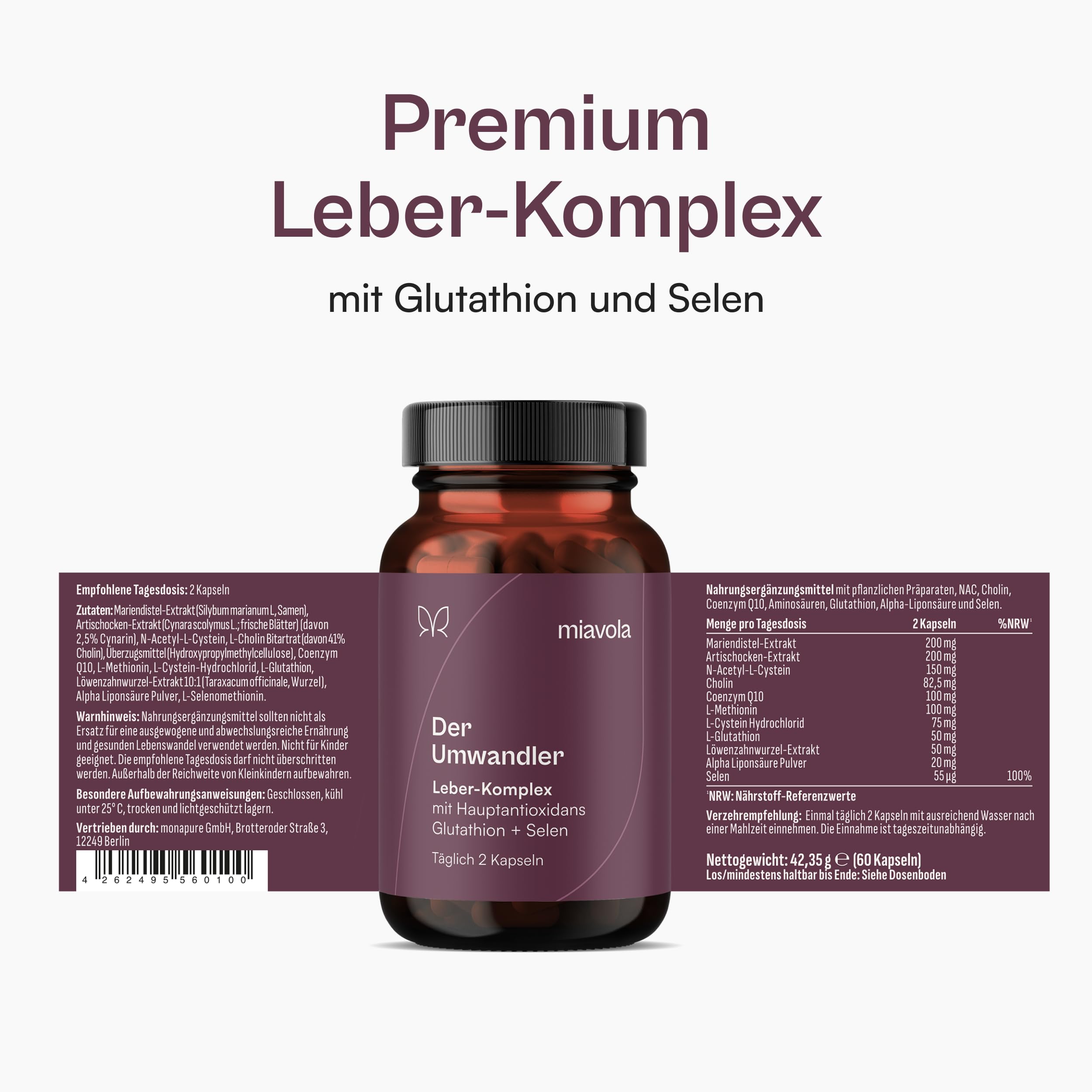 miavola® der Umwandler® Schilddrüsen & Leber Komplex mit Mariendistel, Artischocke, Cholin, Glutathion, Selen, NAC + weitere Aminosäuren - 60 Kapseln hochdosiert & vegan