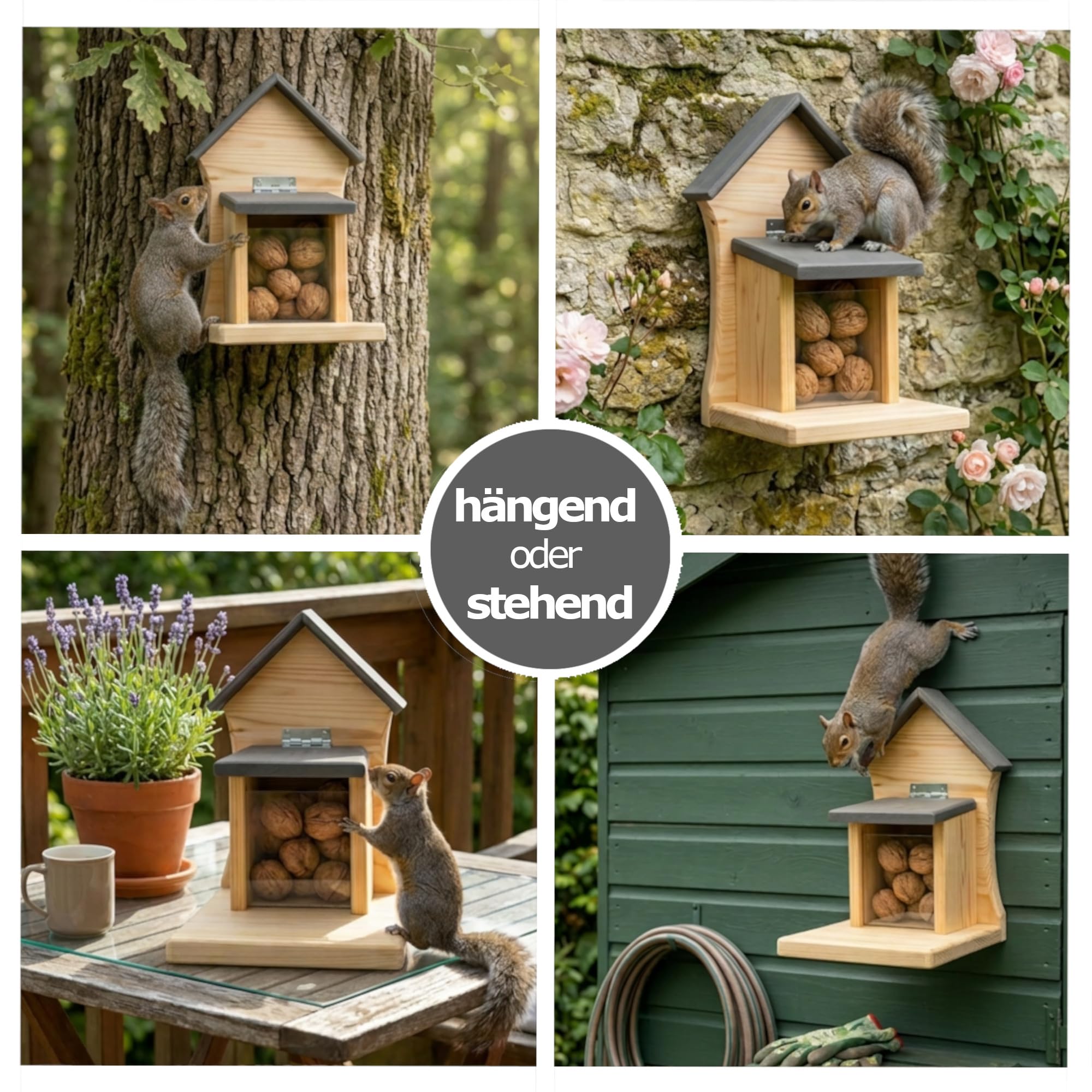DAdie Eichhörnchen Futterhaus - Wetterfeste und Robuste Eichhörnchen Futterstation - zum Hängen oder Stellen - Robust Dank 2cm dickem Holz - vormontierte Aufhängung