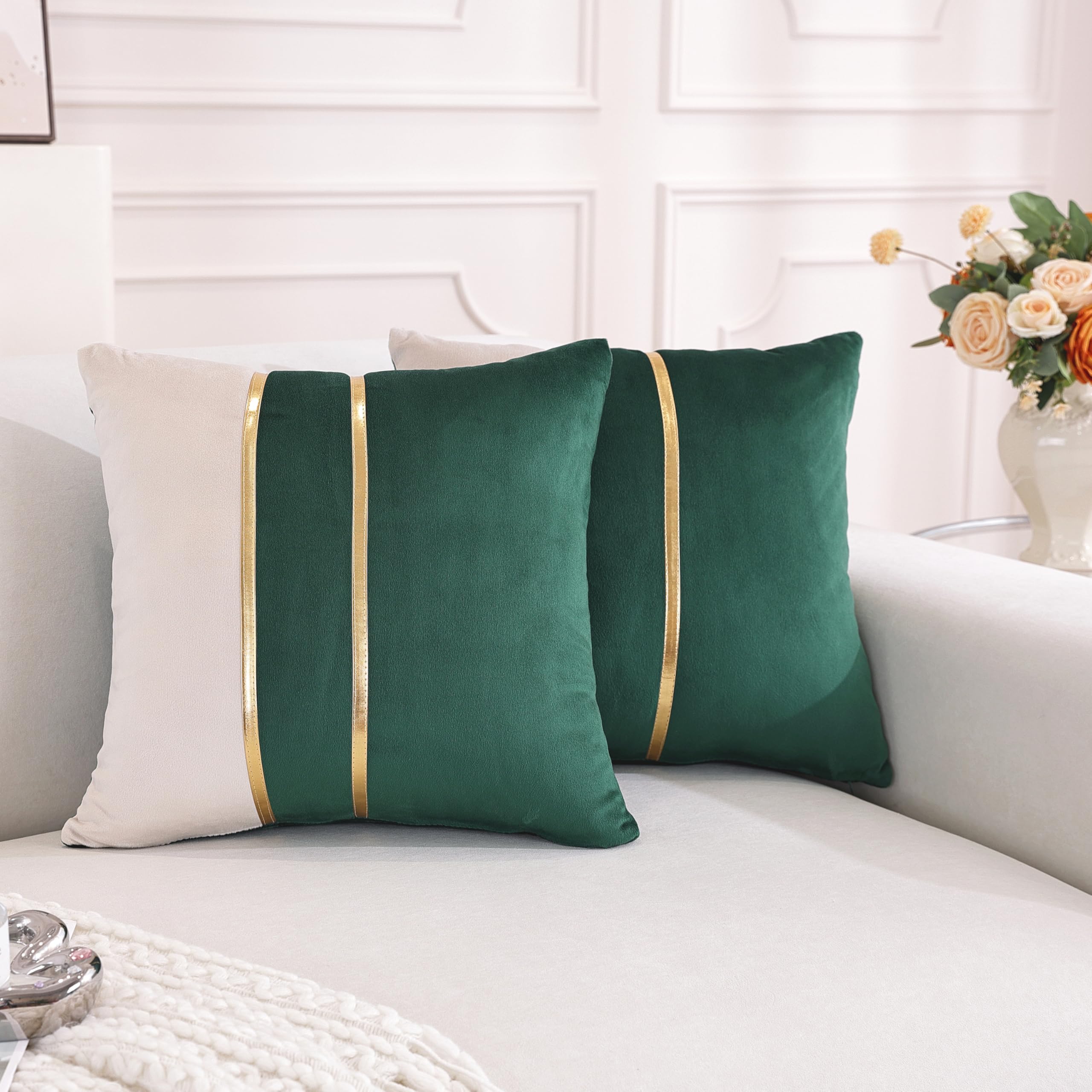TAOSON Velvet Throw Pillow Covers,Pack of 2 Soft Decorative Cushion Covers Cases Dark Green Beige Patchwork with Gold Leather for Sofa Bedroom Livingroom Car, 18 x 18 Inch — image 1