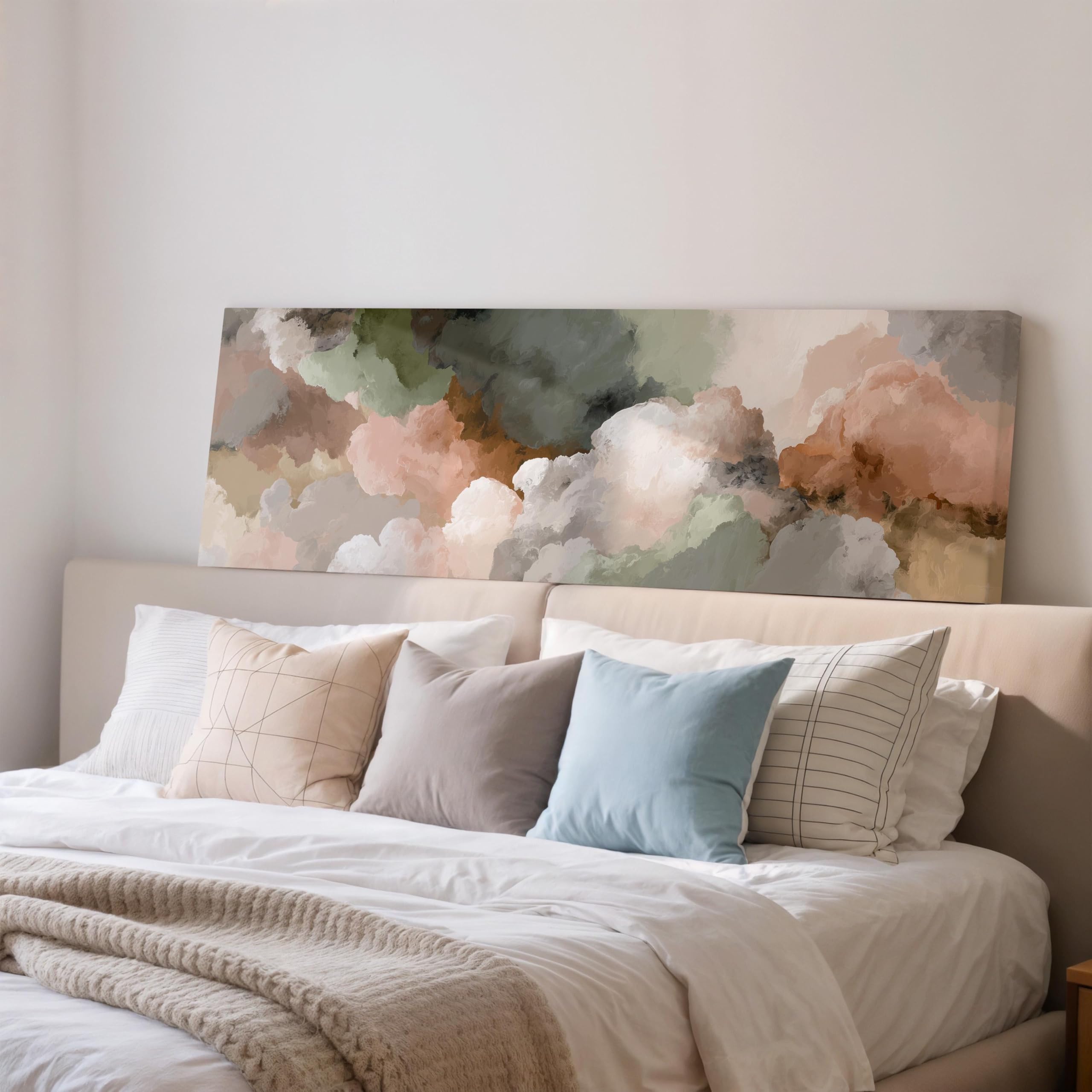 XBTYKPB Abstract Clouds Painting, Long Horizontal Wall Art, Wide Panoramic Framed Canvas, Large size Muted Tones, Wall Decor(60x180cm/Frameless)
