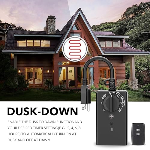 Vista 2 de BN-LINK Temporizador de luz para exteriores impermeable de 15 A, temporizador de cuenta regresiva con sensor de luz de 24 horas