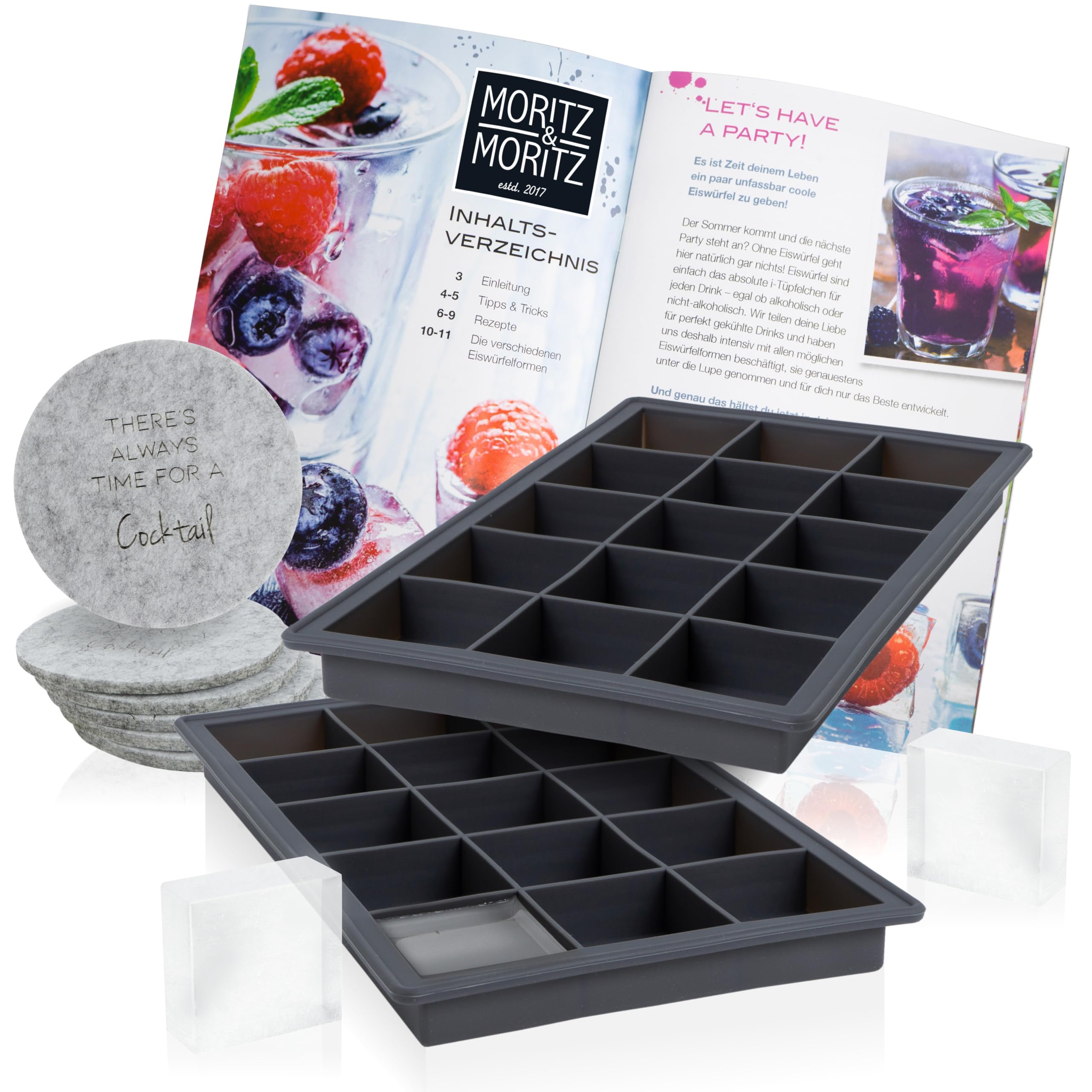 Moritz & Moritz 2 x 15 Ice Cube Square Moulds - Square Silicone Moulds - Cube Shaped Ice Cubes - incl. 6 Coasters & Recipe Book - Small Ice Cube Tray - Silicone Cube Mould for Small Ice Cubes