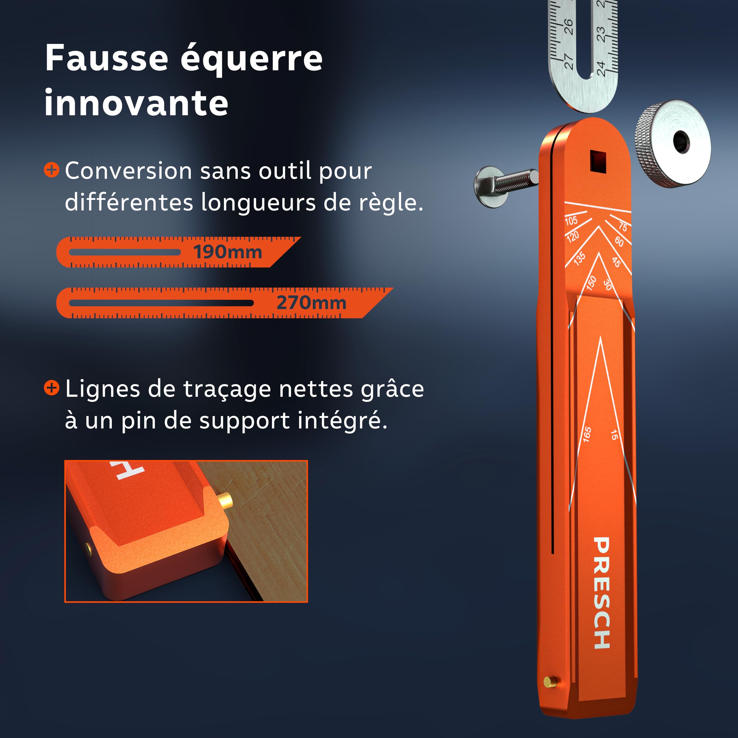 Presch Fausse Équerre incl. règle supplémentaire - 190mm & 270mm - Transfert d'angle précis - Règle avec fonction de trusquin fraisée en aluminium usiné avec précision & en acier inoxydable