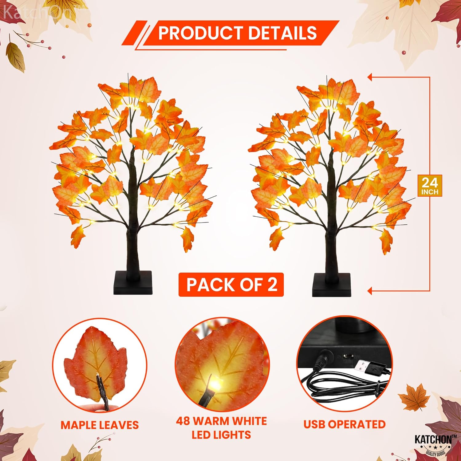 KatchOn, Artificial Maple Trees with Lights - 24 Inch, Pack of 2 | Fall Lighted Maple Trees, 48 LED | Fall Light Up Trees, Fall Decorations for Home | Thanksgiving Table Decorations