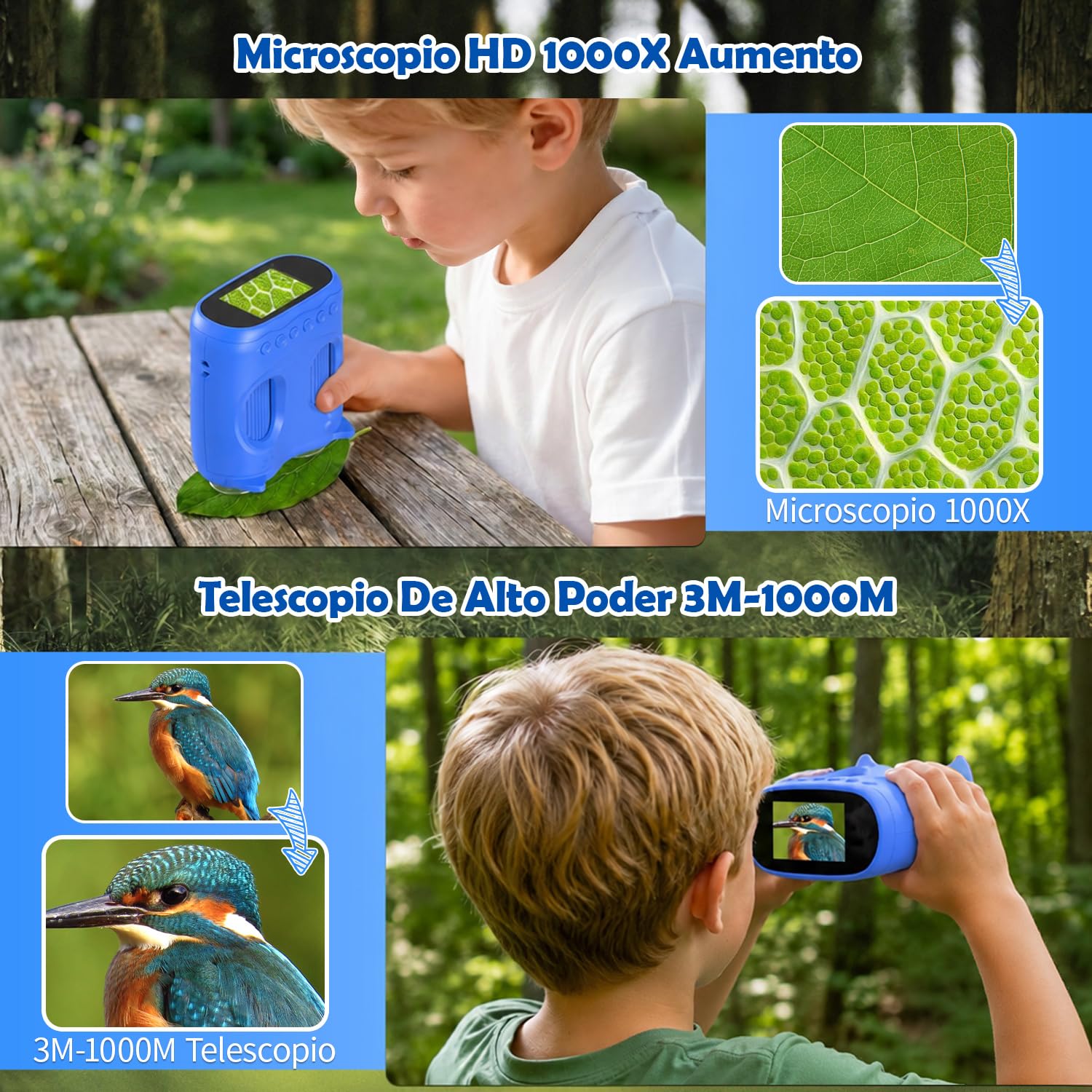Microscopio para Niños 2 en 1 con Prismáticos, Pantalla IPS HD de 2,0", Aumento 1000x, 8 Luces LED, Resolución 1080P, Juguete de Naturaleza para Niños y Niñas +3 Años, Azul Claro