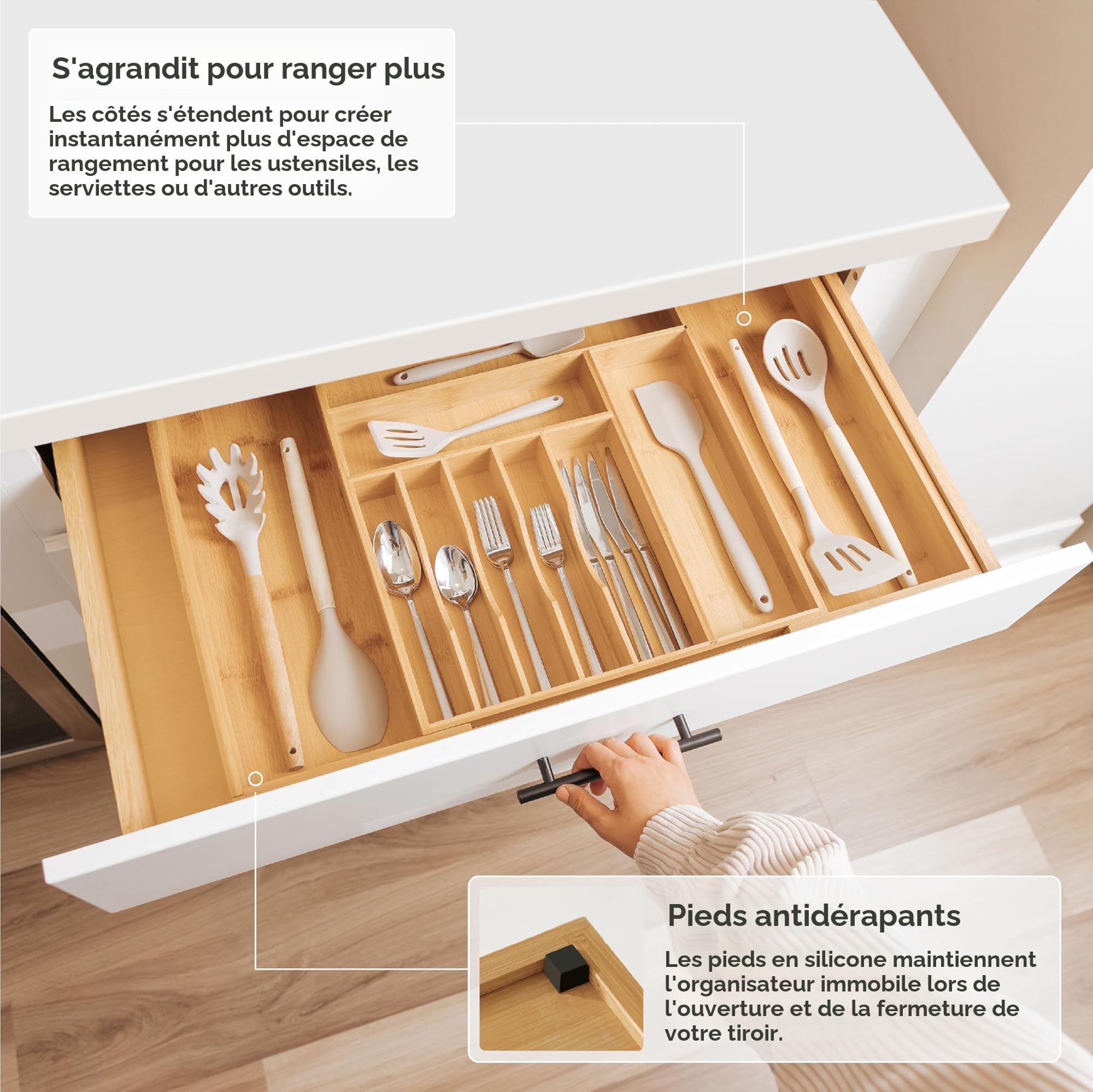 Organisateur De Couverts Pour Tiroir De Cuisine, 40 X 50 X 5 Cm, Bambou, Bois
