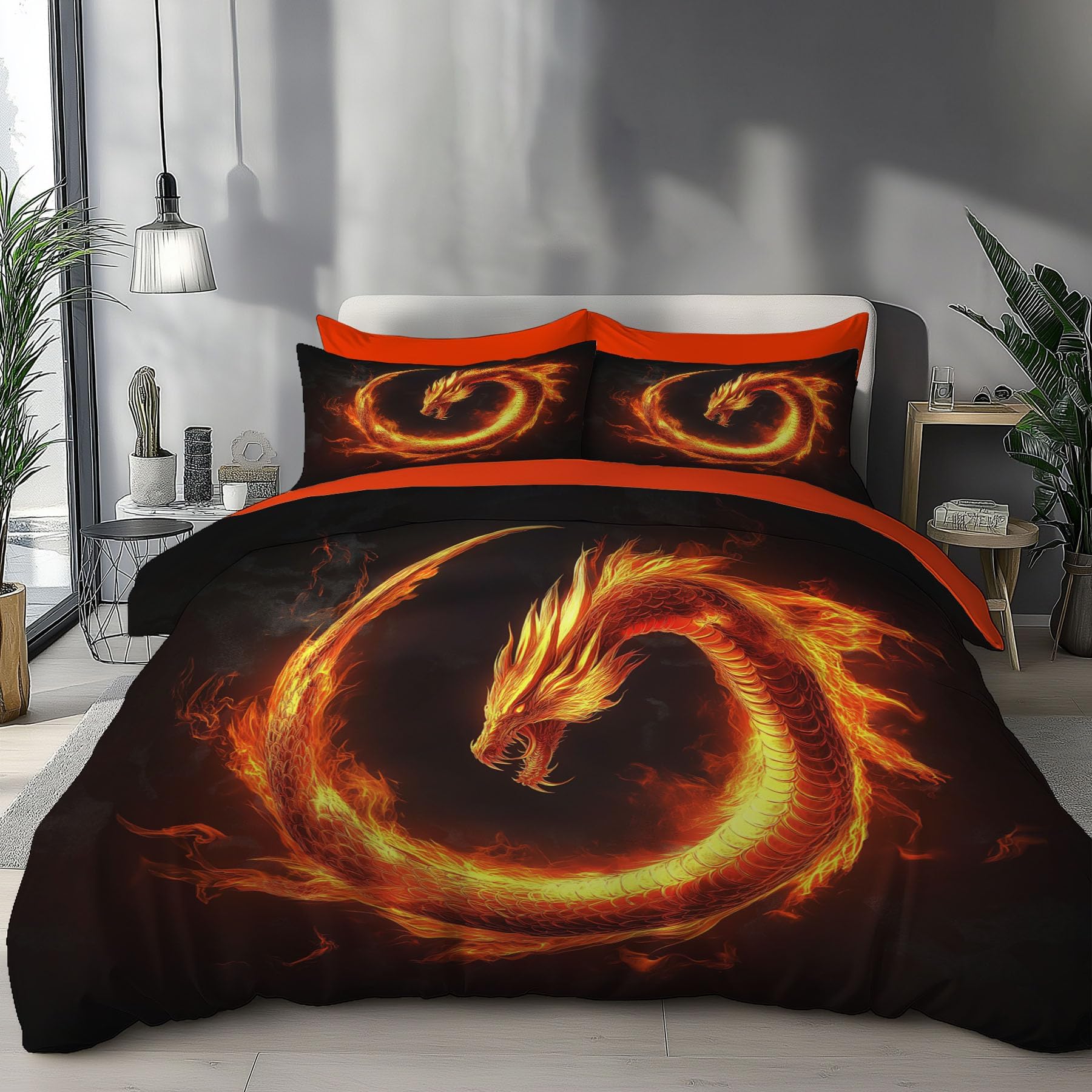 Anime Dragon Duvet CoverFlame Dragon Body Soft Bedding Set, Reversible Lightweight Quilt Covers Sets 3 Pieces with Zipper Double Bed