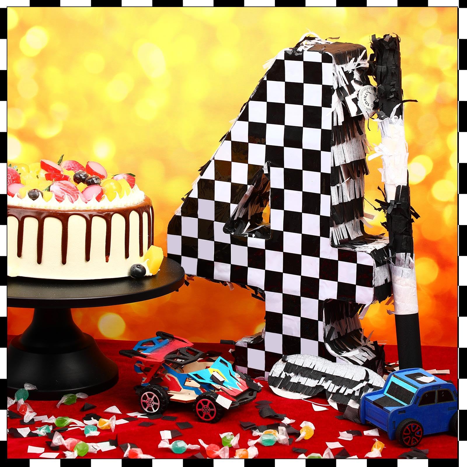 Lewtemi Número de coche de carreras, piñata, número pequeño a cuadros, decoración de fiesta de cumpleaños, número decorativo blanco y negro con máscara de ojos de confeti para celebración de niño,