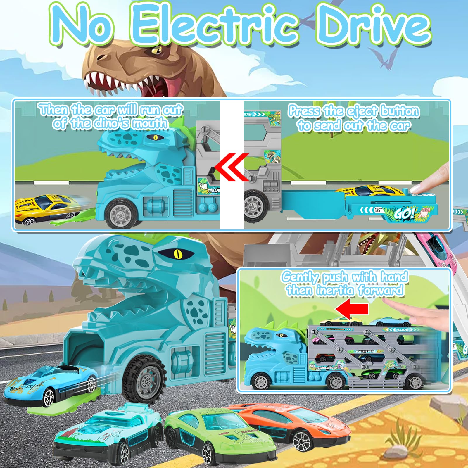 TEUVO Dinosauri Camion Giocattolo per Bambini 3 4 5 6 7 Anni, Dino Camion Pista Garage Macchinine con 12 Auto Cars Macchine & 18 Segnali Stradali, 2 Pista, Dinosauro Regalo Compleanno Natale Maschio