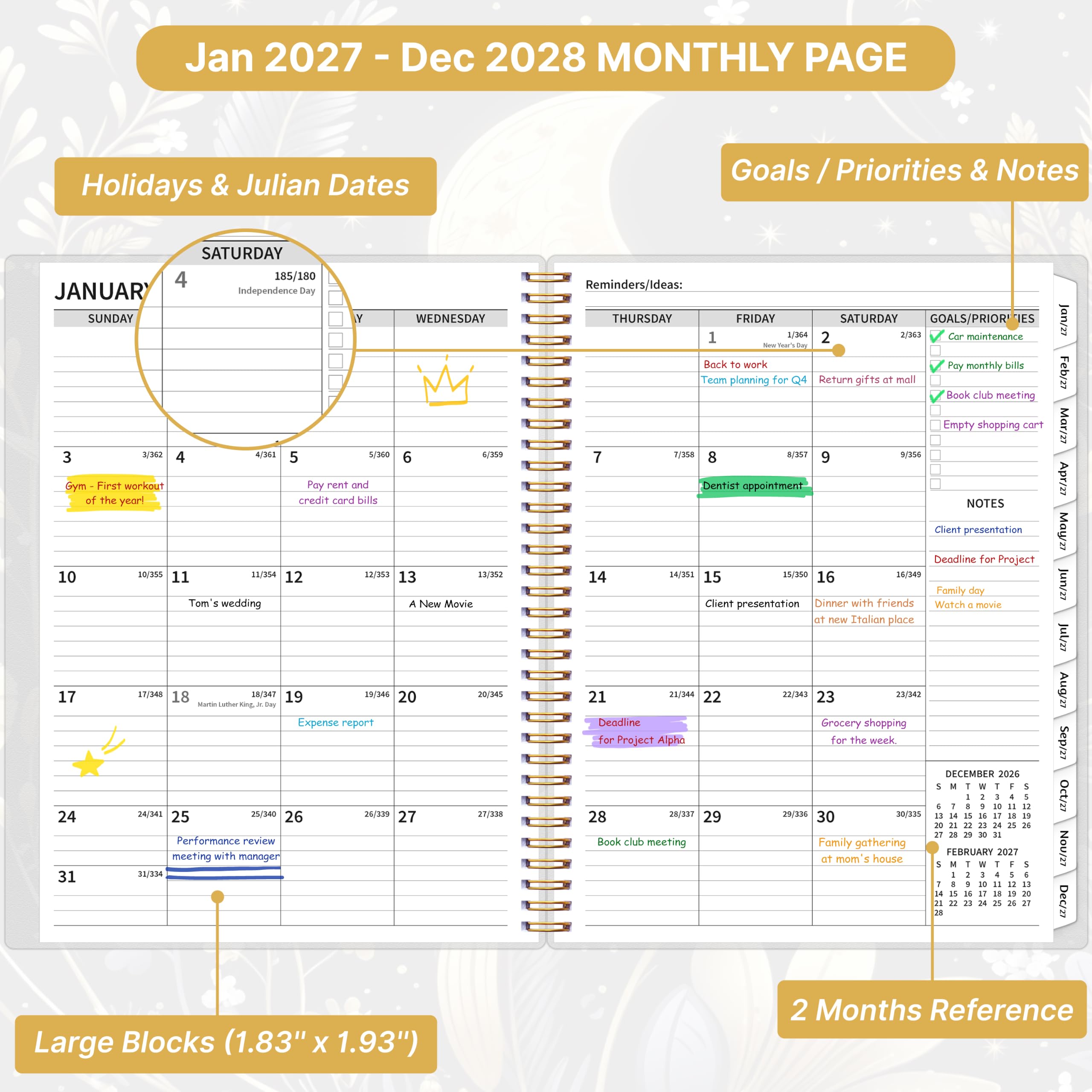 Agenda mensual 2027-2028, calendario de 2 años, enero de 2027 a diciembre de 2028, 8.5 x 11 pulgadas, agenda grande en espiral, 24 meses, con pestañas y bolsillo, cubierta flexible, organizador para
