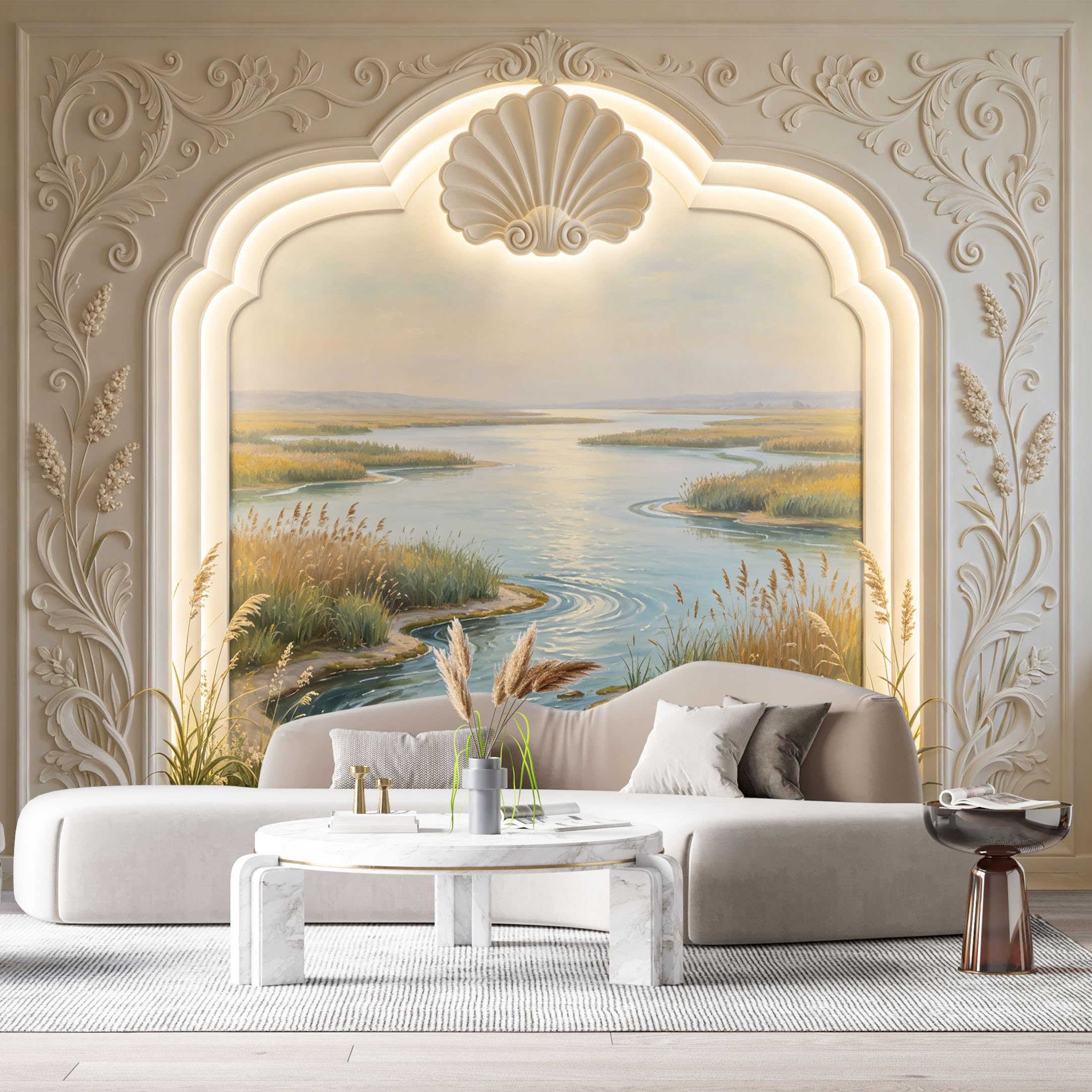 Custom Size Wall Murals Coastal Landscape Oil Painting Seashell Archway 3D Trompe L'Oeil SelfAdhesiveWall Fabric Removable Wallpaper Wall Decor for Living Room Bedroom Bathroom