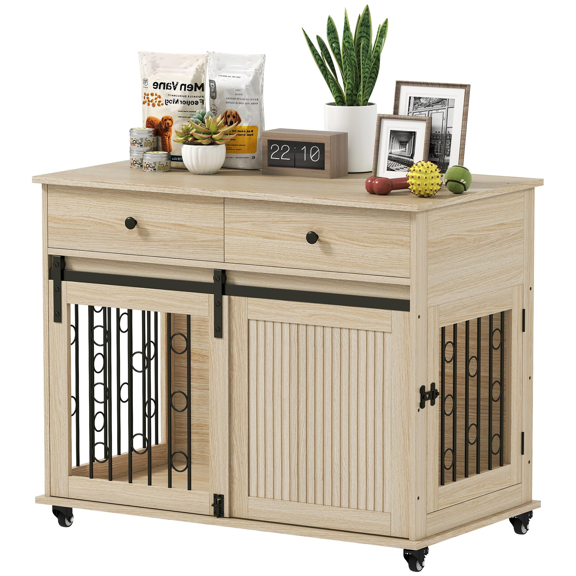 PawHut Dog Cage with Wheels and Side Table, Modern Pet House with 2 Drawers, Locking and 2 Doors, for Medium and Large Dogs, 100 x 56 x 81 cm, Oak
