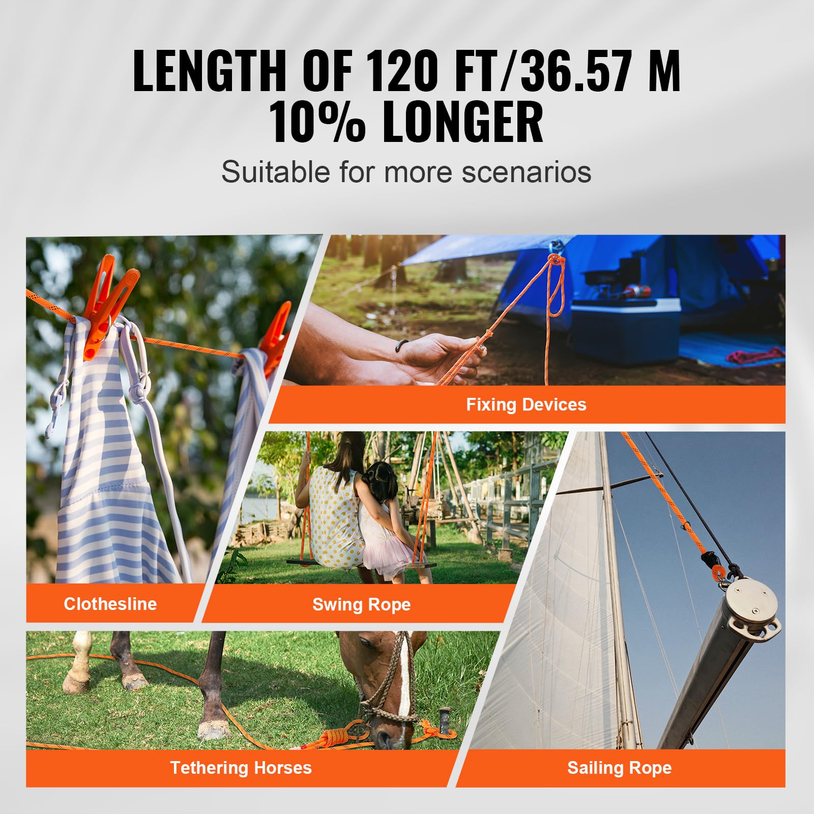 VEVOR Corda in Poliestere Doppia Intrecciata, 48 Trefoli, 17,79 kN Resistenza alla Rottura, Arrampicata Arborist Escursionismo, Roccia Campeggio Altalena Discesa 9,5 mm x 36,57 m, Arancione e Nero