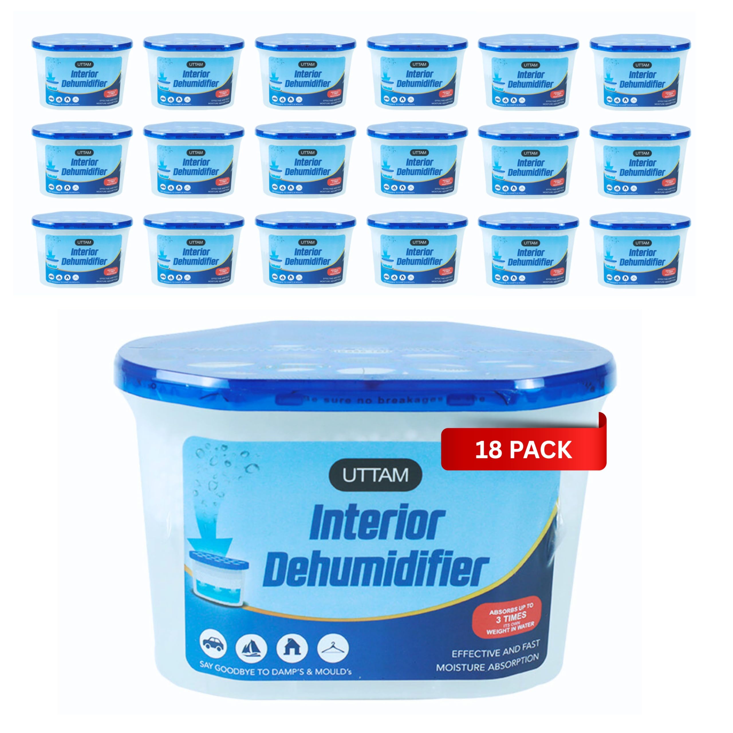 UTTAM 500ml Dehumidifiers - Moisture Absorber and Condensation Remover for Home, Kitchen, Wardrobe, Bedroom, Caravan, Office, Bathroom, Basement - Combats Damp, Mold, and Moisture (Pack of 18)