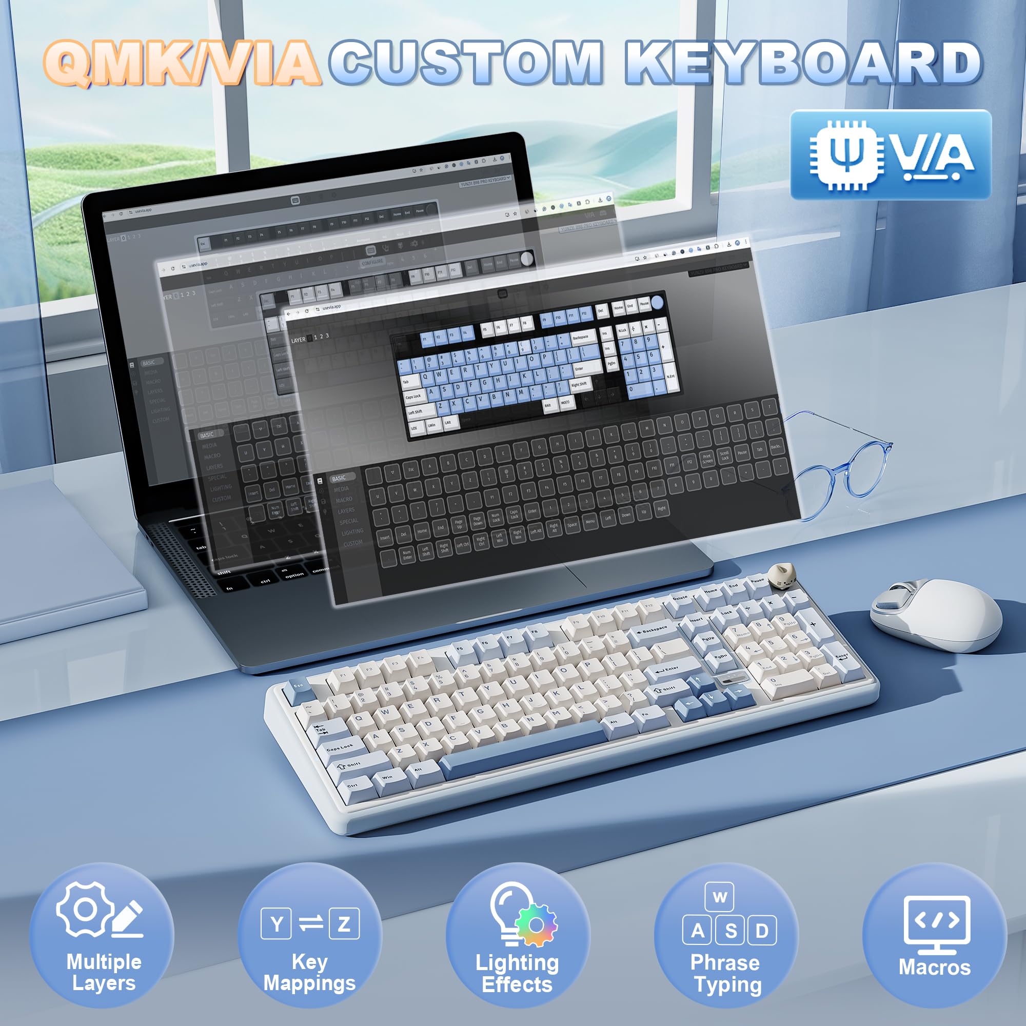 YUNZII B98 PRO QMK/VIA Wireless Mechanical Gaming Keyboard, 96% Layout with Numpad and Cute Cat Knob, BT/2.4G/USB-C, Pre-Lubed Switch Hot Swap Gasket, RGB for Win/Mac (Blue, Milk V2 Linear Switch) - 5
