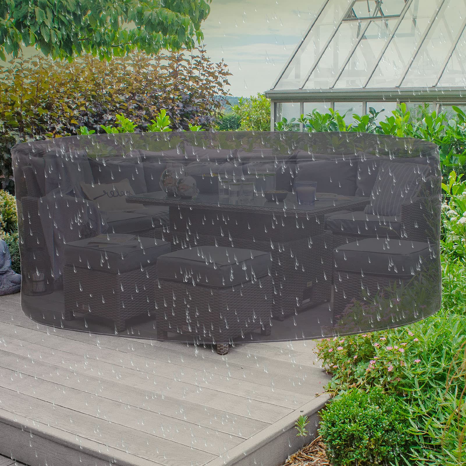 Copertura Tavolo Esterno Rotonda 190x90cm, Copertura per Mobili da Giardino Impermeabile, 420D Oxford Stoffa Copertura Protettive per Mobili da Giardino Impermeabile Anti Vento Sole