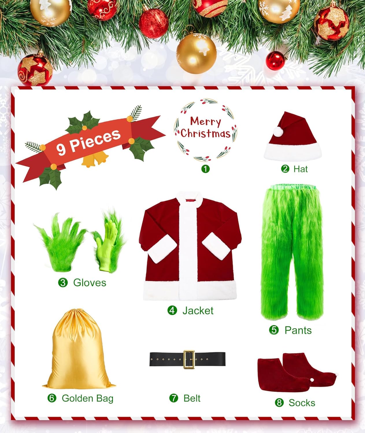 Green Santa Costumes Deluxe Furry Santa Suit for Men 8Pcs Christmas Halloween Costumes Adult Green Santa Outfit - Image 2